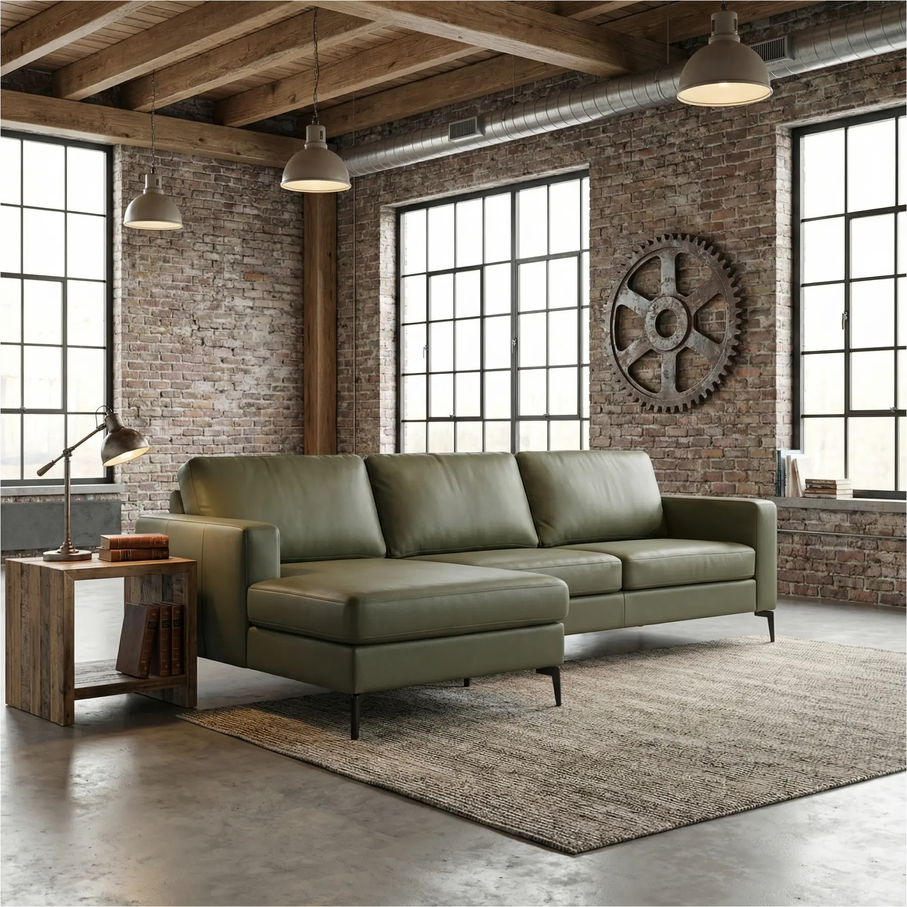 afbeelding van Leren hoekbank Match - 2.5-zits arm rechts + Longchair arm links - Toledo Olive (olijf/goen) - Poten staal zwart