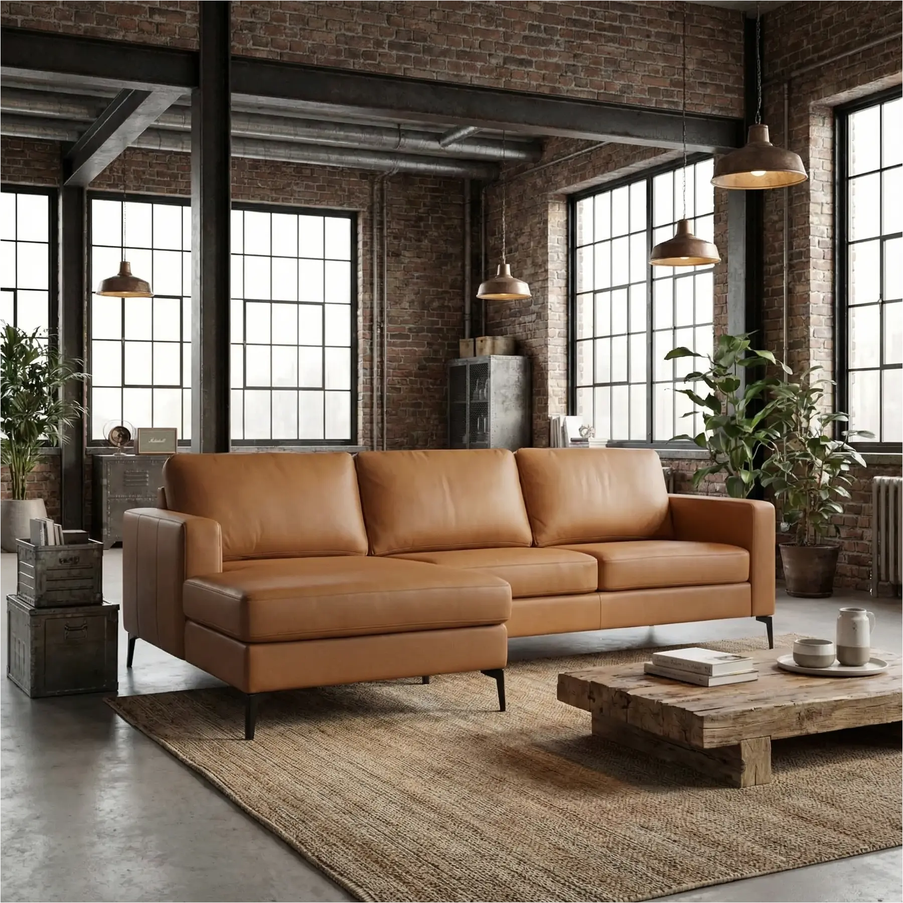 afbeelding van Leren hoekbank Match - 2.5-zits arm rechts + Longchair arm links - Toledo Sabbia (lichtcognac) - Poten staal zwart