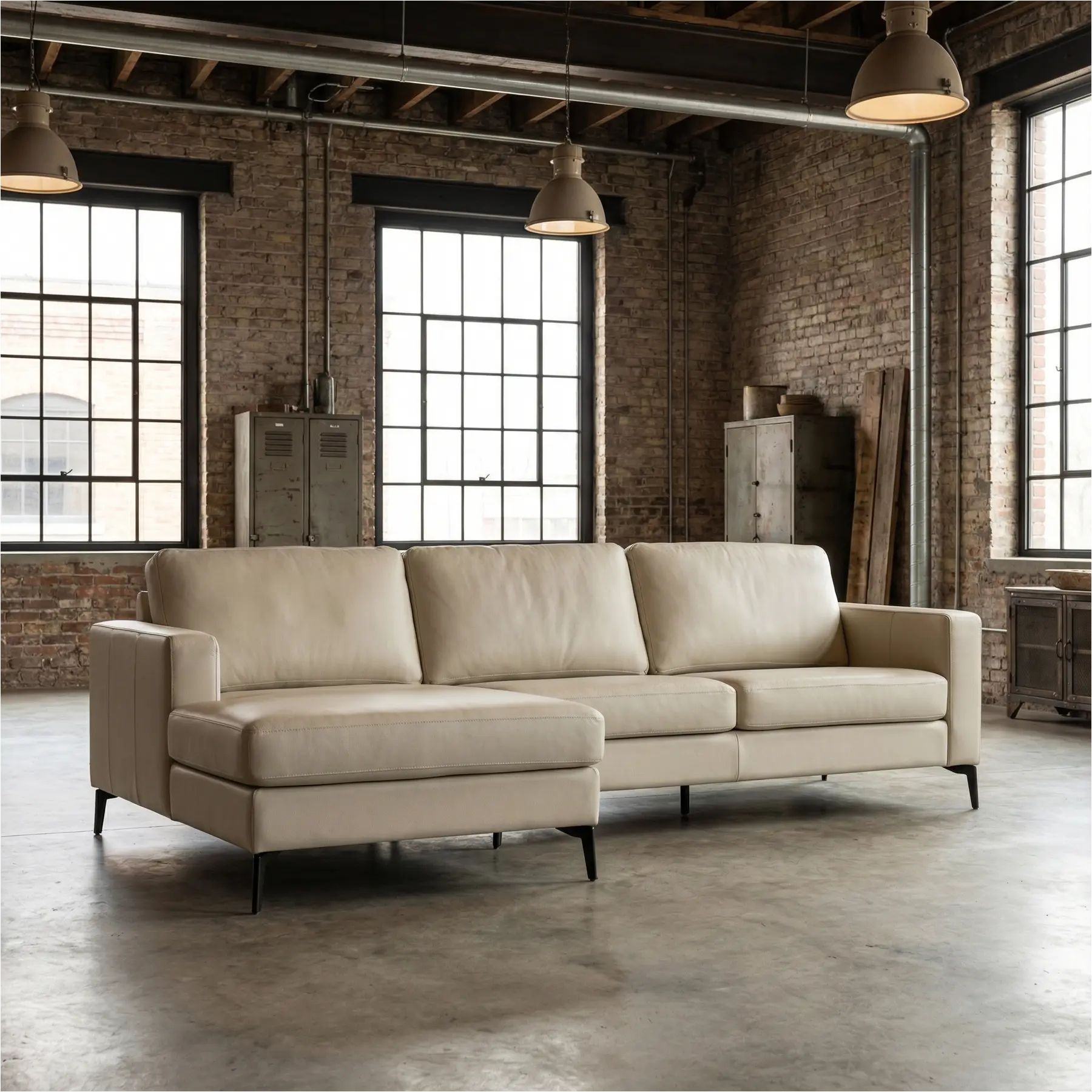 afbeelding van Leren hoekbank Match - 3-zits arm rechts + Longchair arm links - Toledo Nebbia (creme) - Poten staal zwart