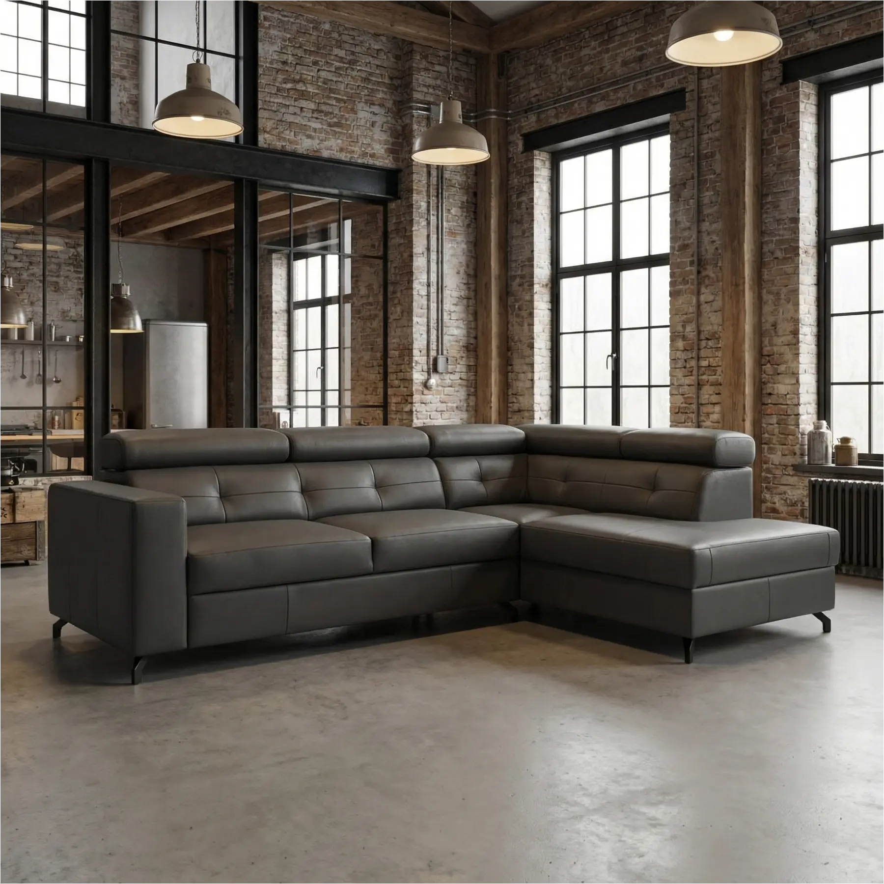 afbeelding van Leren hoekbank Nova - 2.5-zits arm links + Longchair arm rechts - Toledo Antracite (donkergrijs) - Poten staal zwart