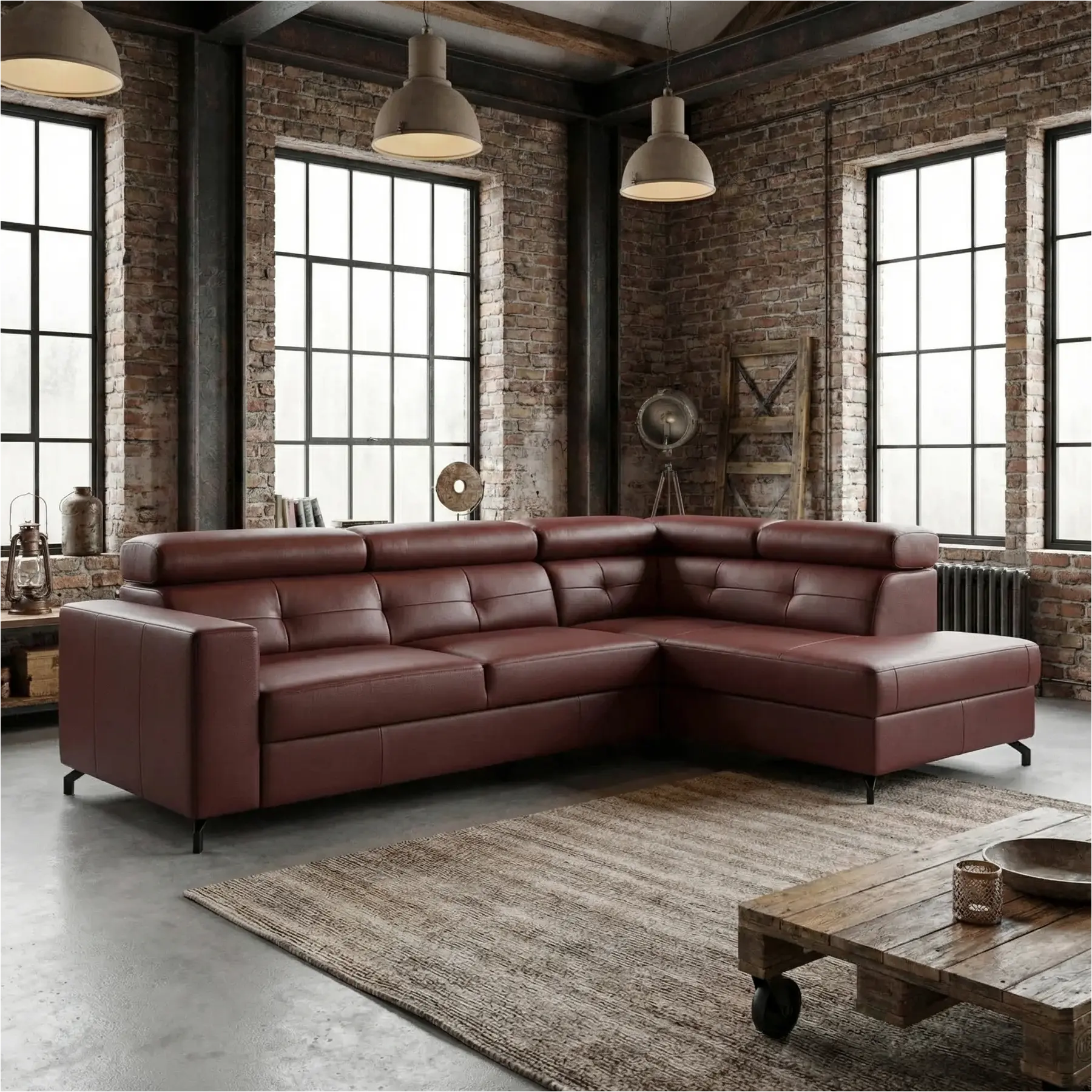 afbeelding van Leren hoekbank Nova - 2.5-zits arm links + Longchair arm rechts - Toledo Bordeaux (donkerrood) - Poten staal zwart