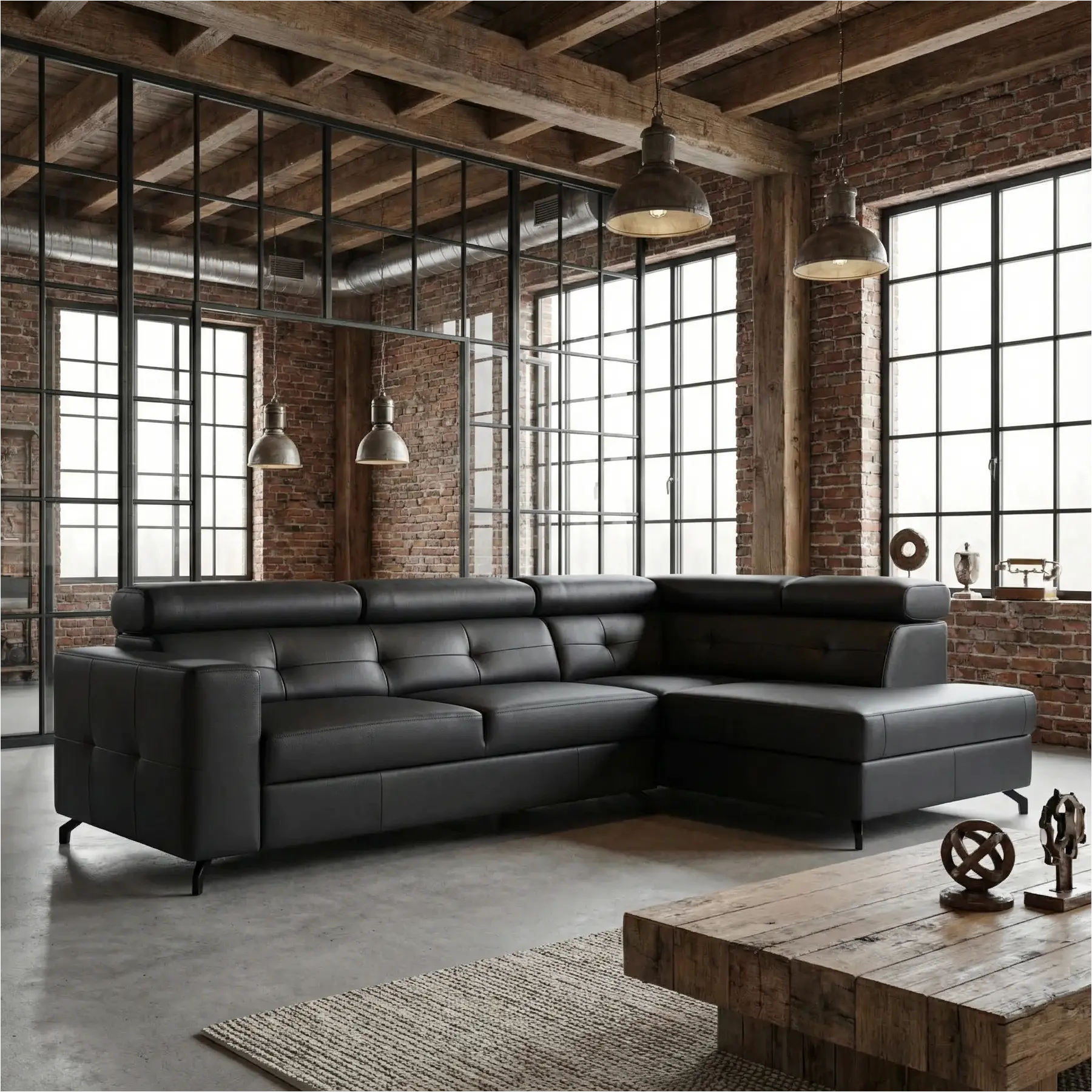 afbeelding van Leren hoekbank Nova - 2.5-zits arm links + Longchair arm rechts - Toledo Marine (blauw) - Poten staal zwart