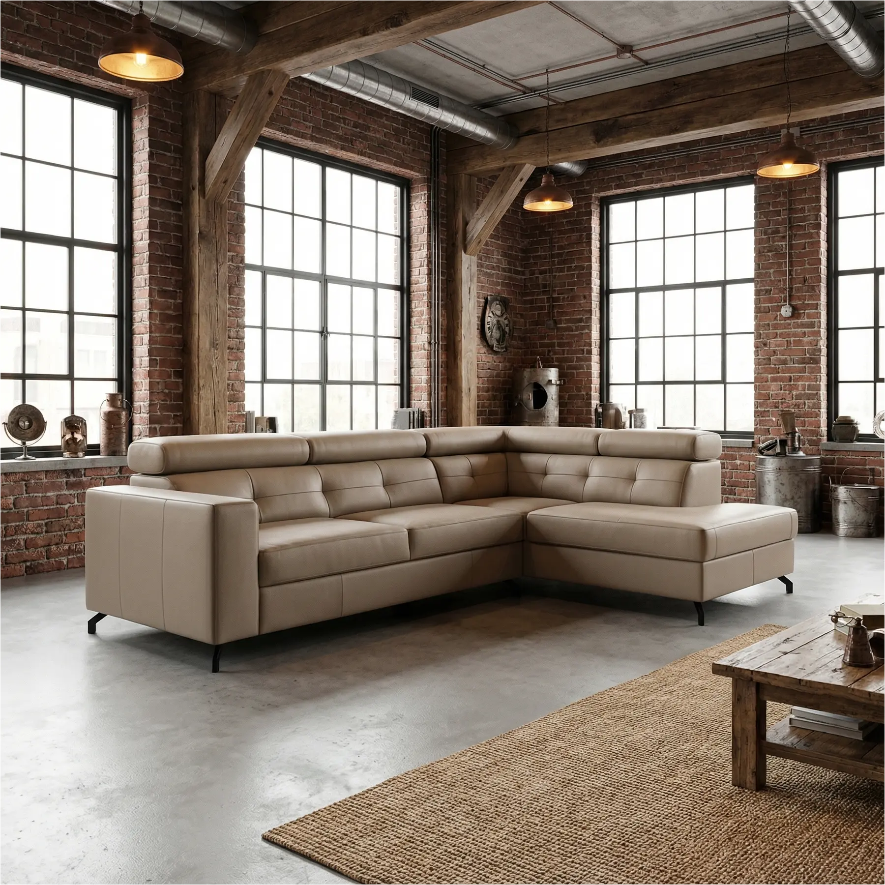 afbeelding van Leren hoekbank Nova - 2.5-zits arm links + Longchair arm rechts - Toledo Mocca (taupe/bruin) - Poten staal zwart