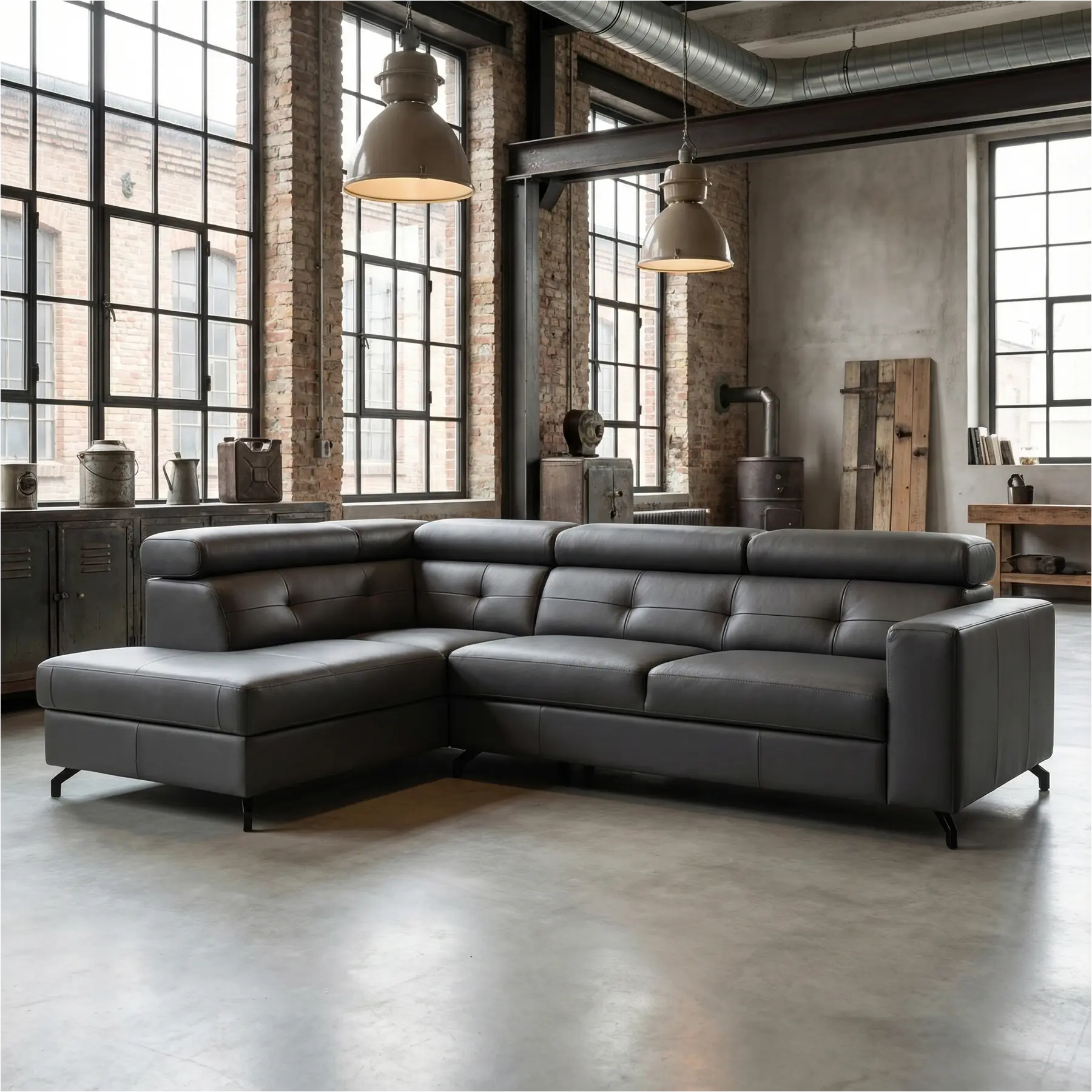 afbeelding van Leren hoekbank Nova - 2.5-zits arm rechts + Longchair arm links - Toledo Antracite (donkergrijs) - Poten staal zwart