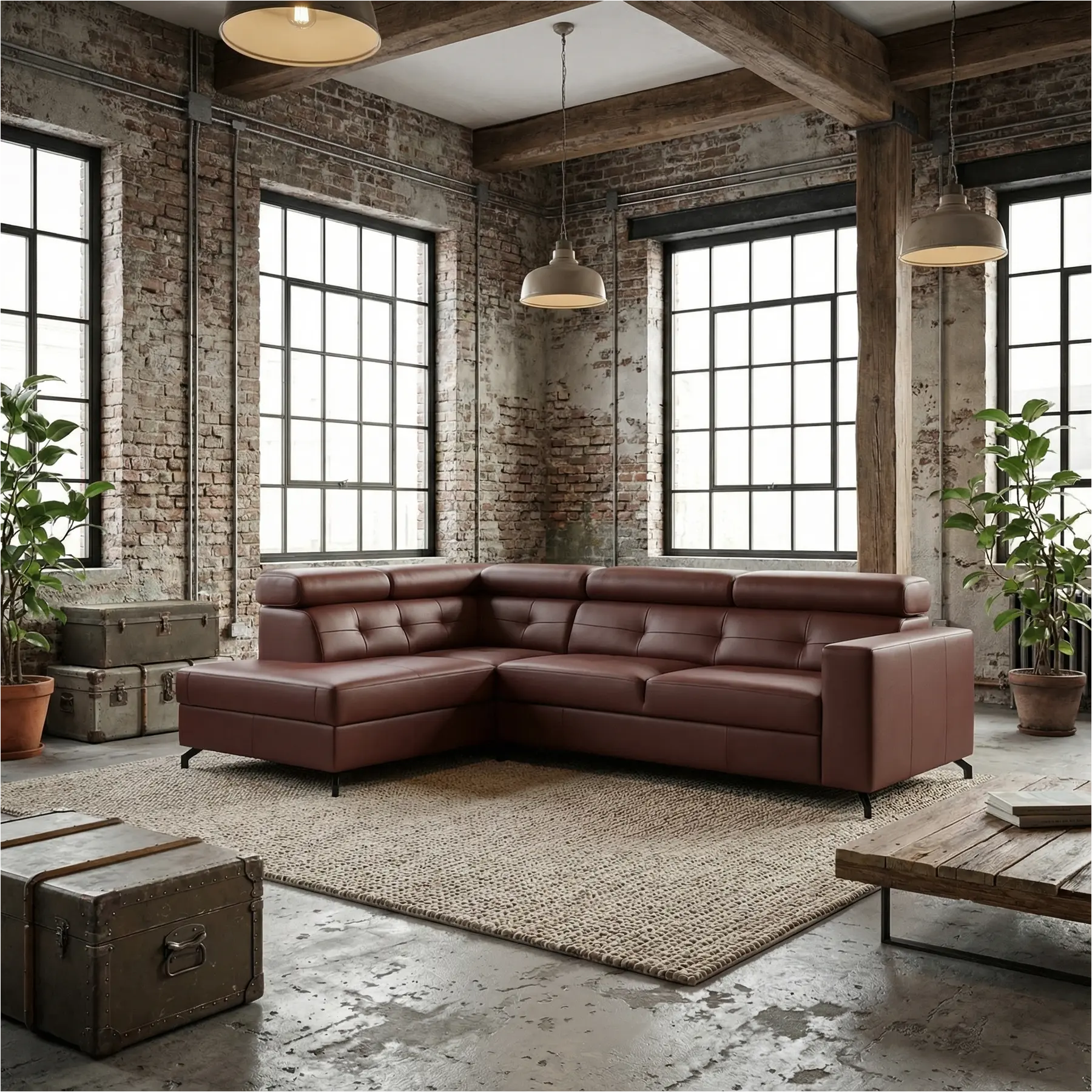 afbeelding van Leren hoekbank Nova - 2.5-zits arm rechts + Longchair arm links - Toledo Bordeaux (donkerrood) - Poten staal zwart