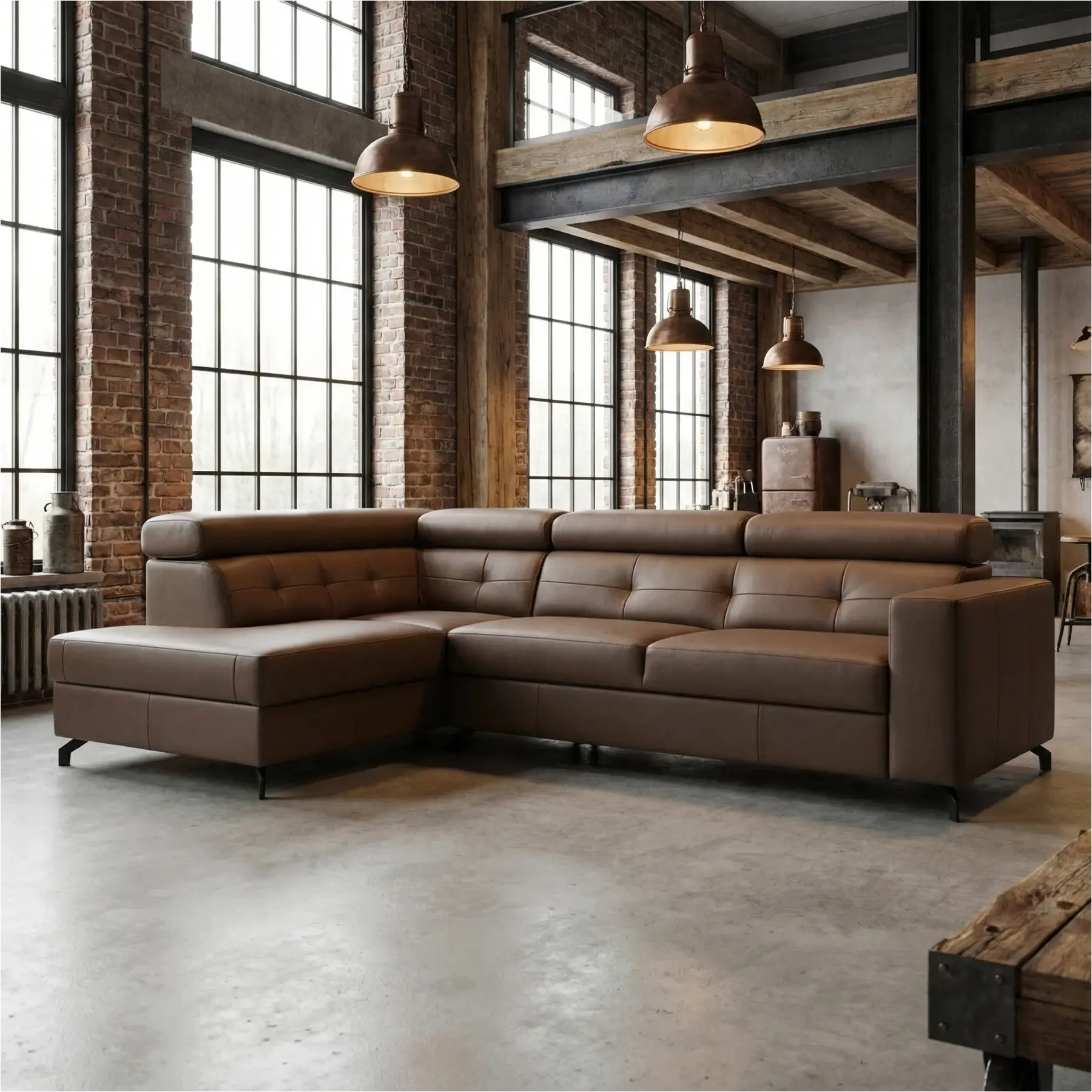 afbeelding van Leren hoekbank Nova - 2.5-zits arm rechts + Longchair arm links - Toledo Lever (bruin) - Poten staal zwart