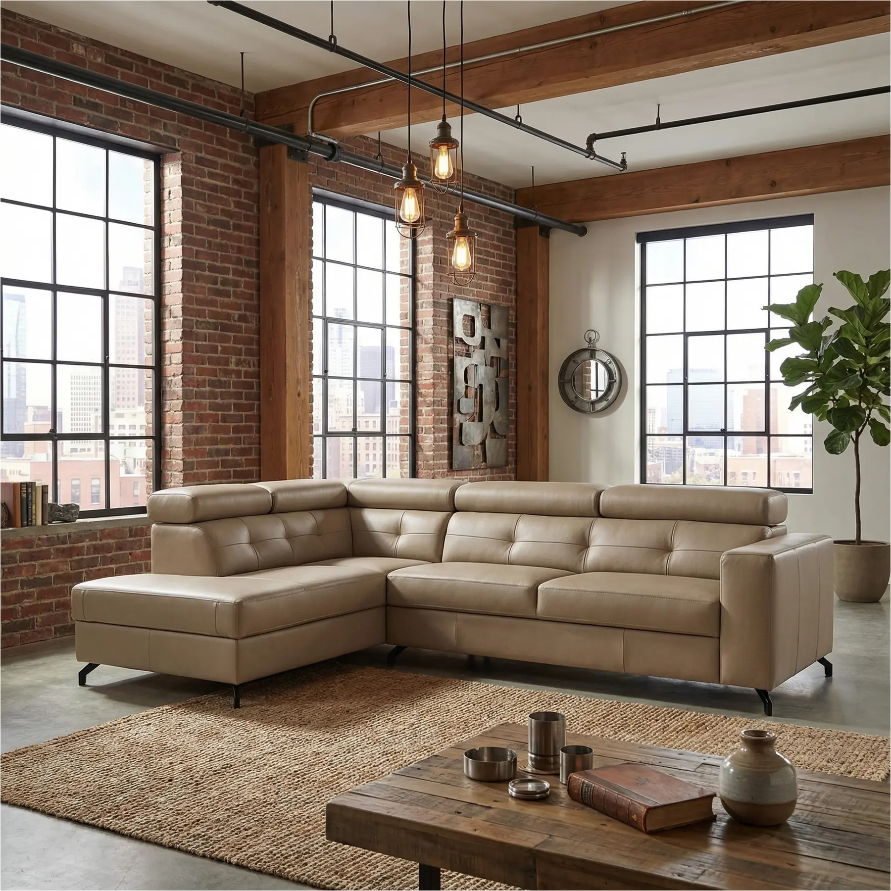 afbeelding van Leren hoekbank Nova - 2.5-zits arm rechts + Longchair arm links - Toledo Mocca (taupe/bruin) - Poten staal zwart