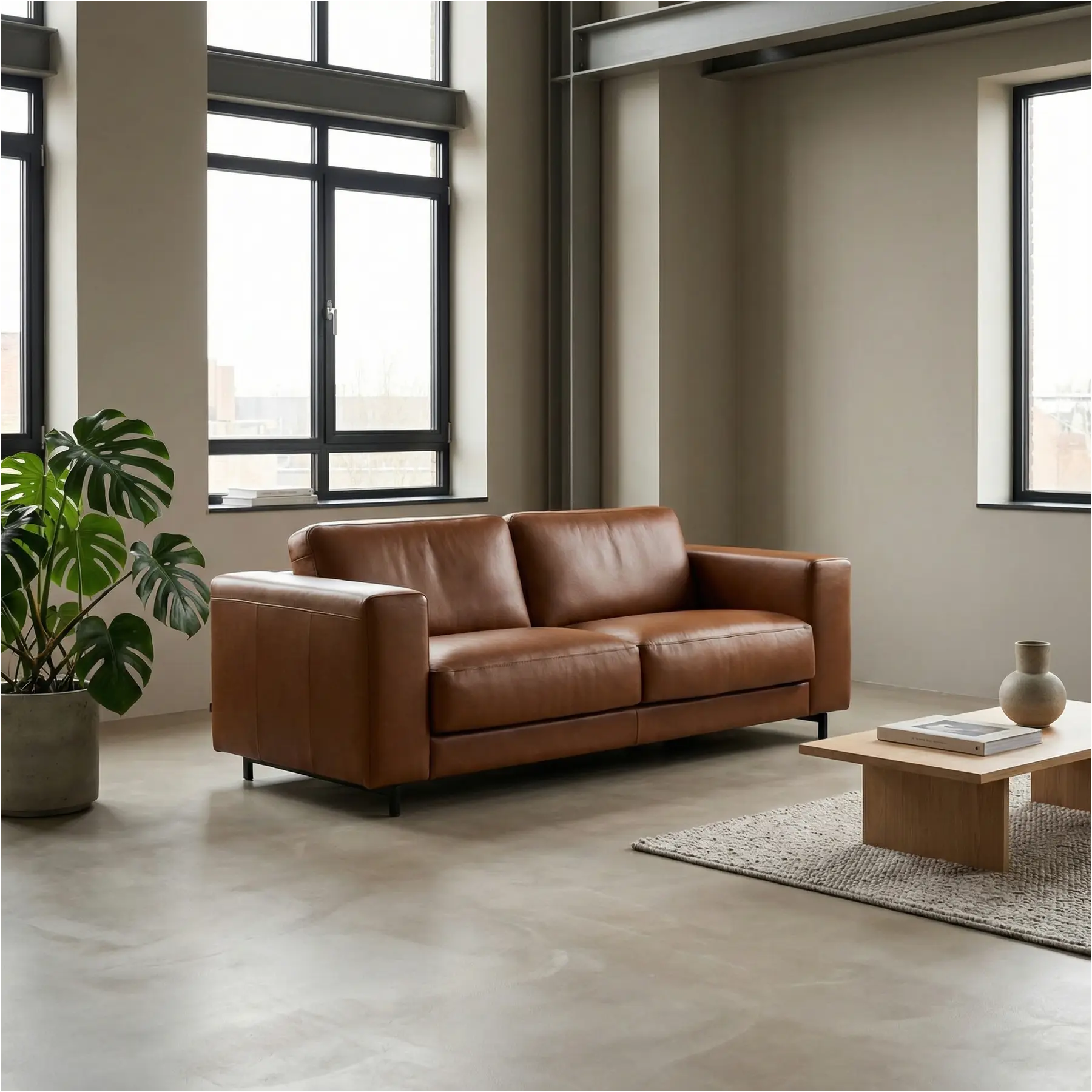 afbeelding van Leren bank Clear - 3 zits - Elegance Cognac (cognac) - Poten staal zwart