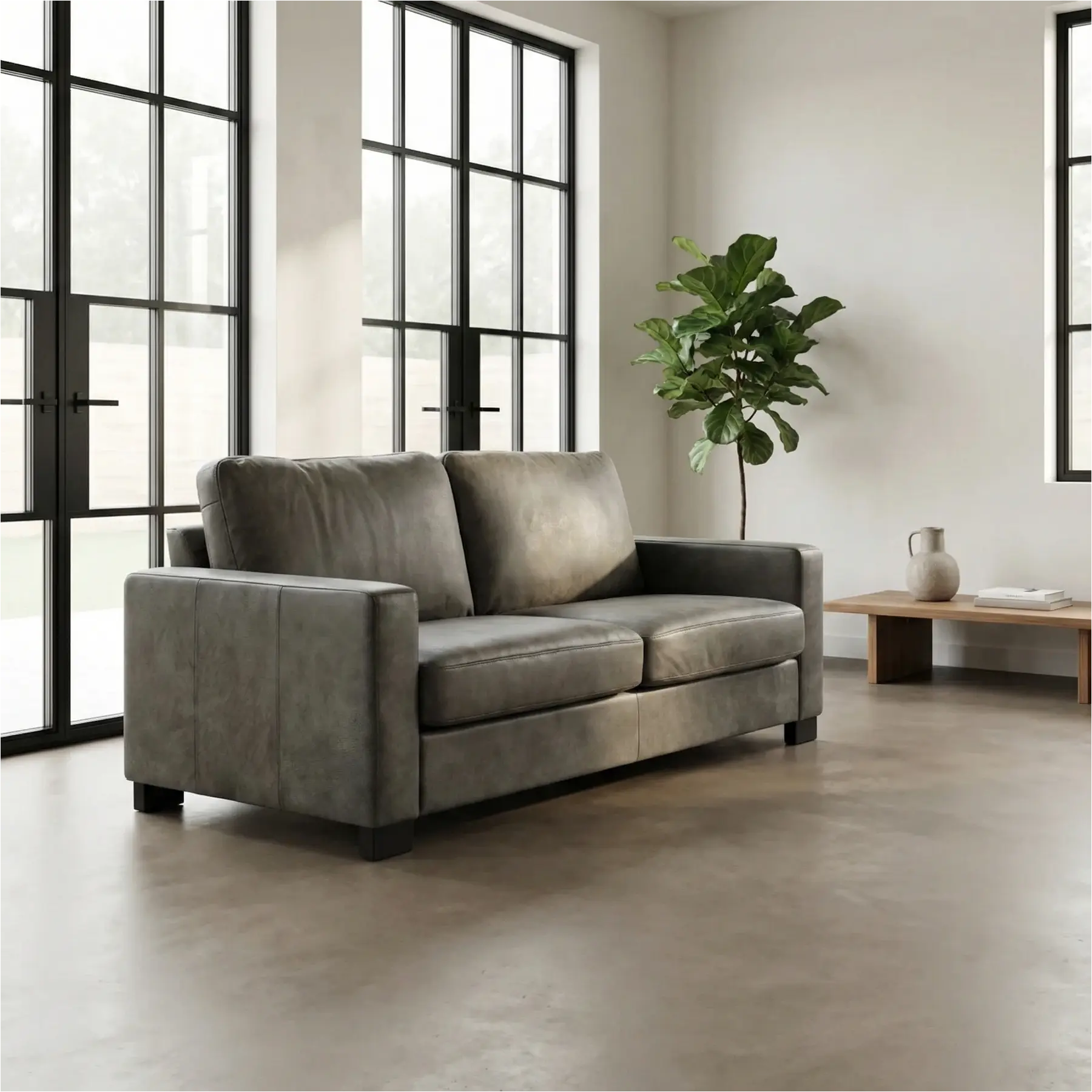 afbeelding van Leren bank Energy - 2,5 zits - Kenia Antracite (grijs) - Poten hout bruin