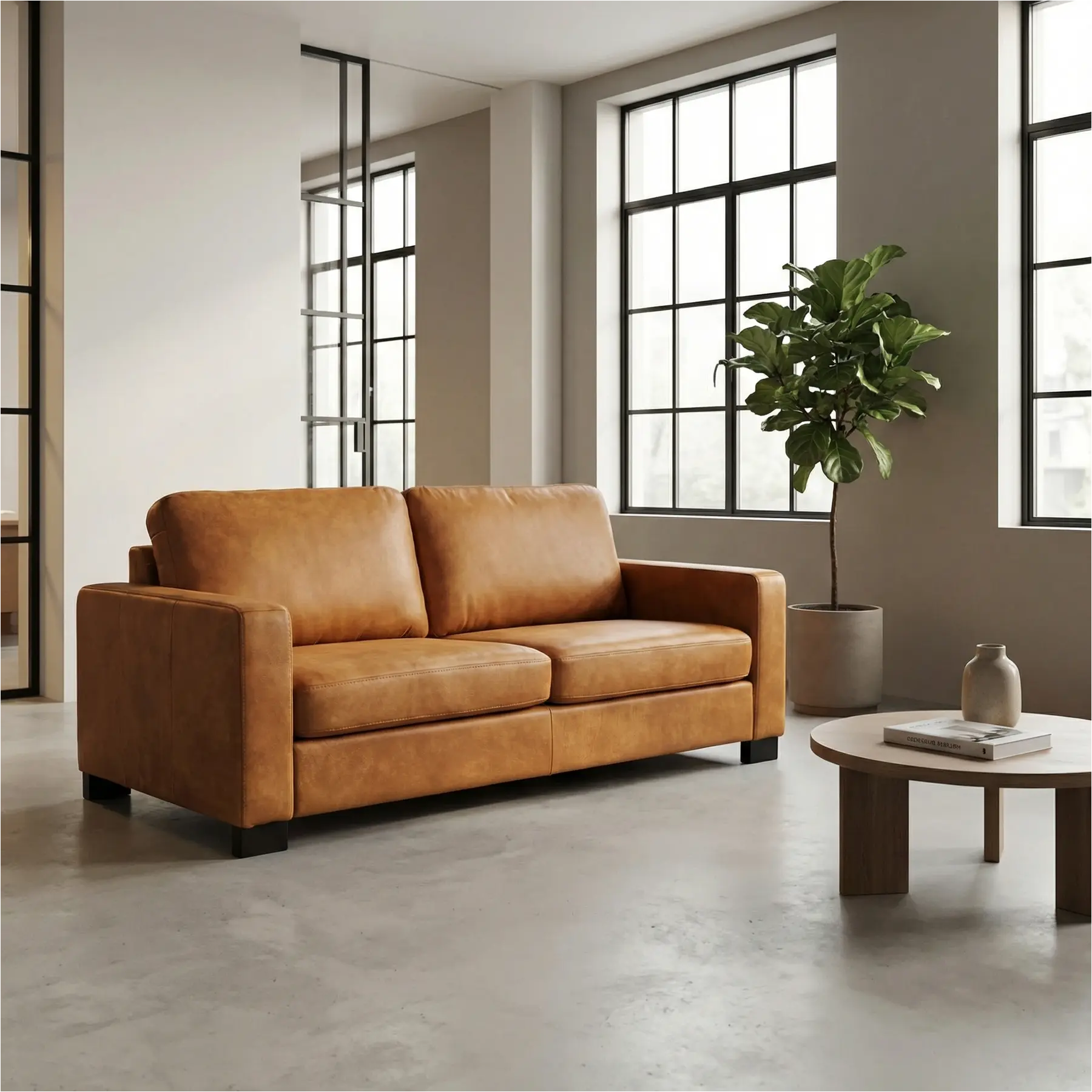 afbeelding van Leren bank Energy - 2,5 zits - Kenia Cognac (cognac) - Poten hout bruin