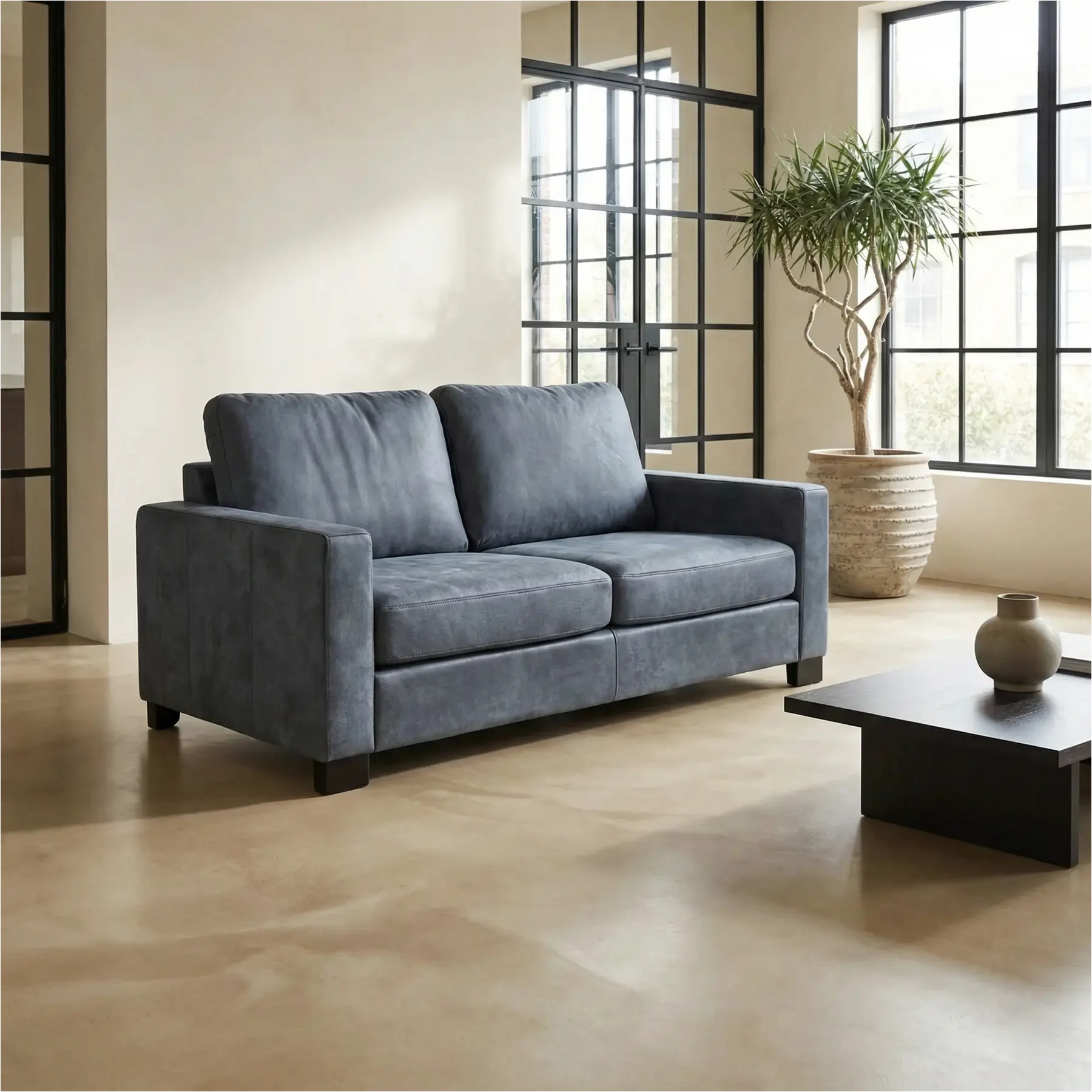 afbeelding van Leren bank Energy - 2,5 zits - Kenia Denim (blauw) - Poten hout bruin