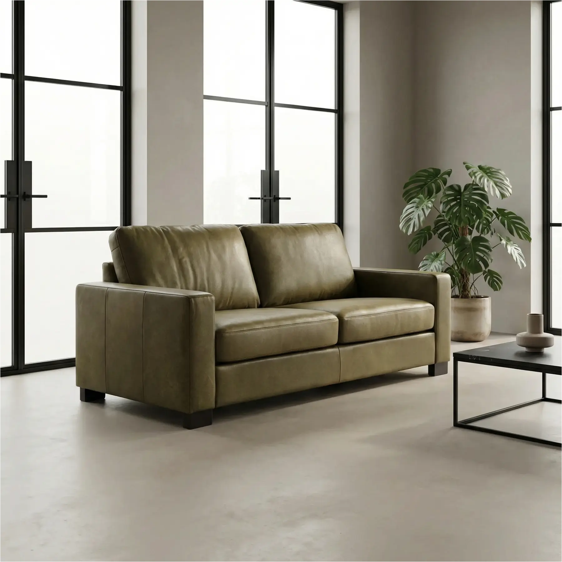 afbeelding van Leren bank Energy - 2,5 zits - Kenia Olive (olijf) - Poten hout bruin