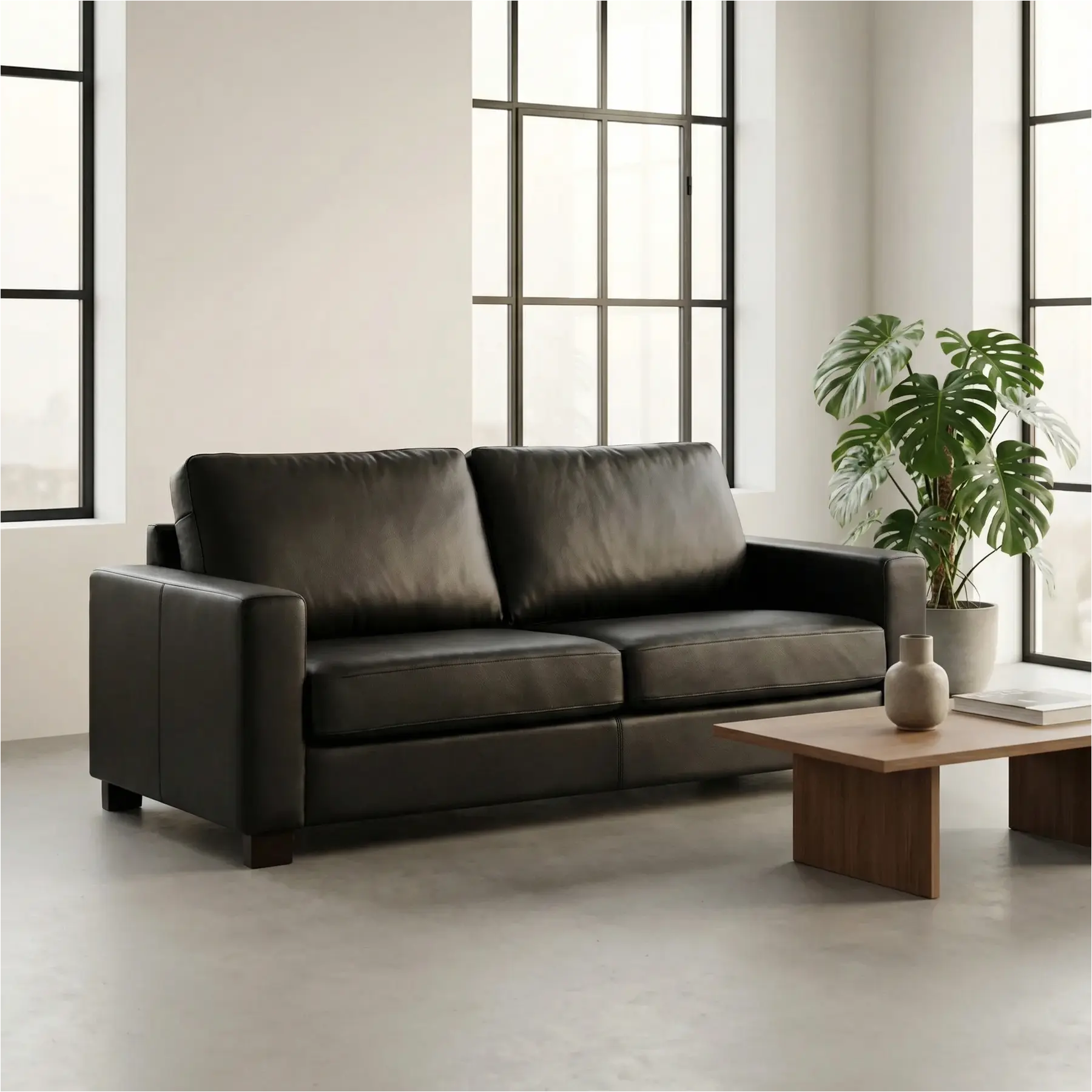 afbeelding van Leren bank Energy - 2,5 zits - Toledo Nero (zwart) - Poten hout bruin