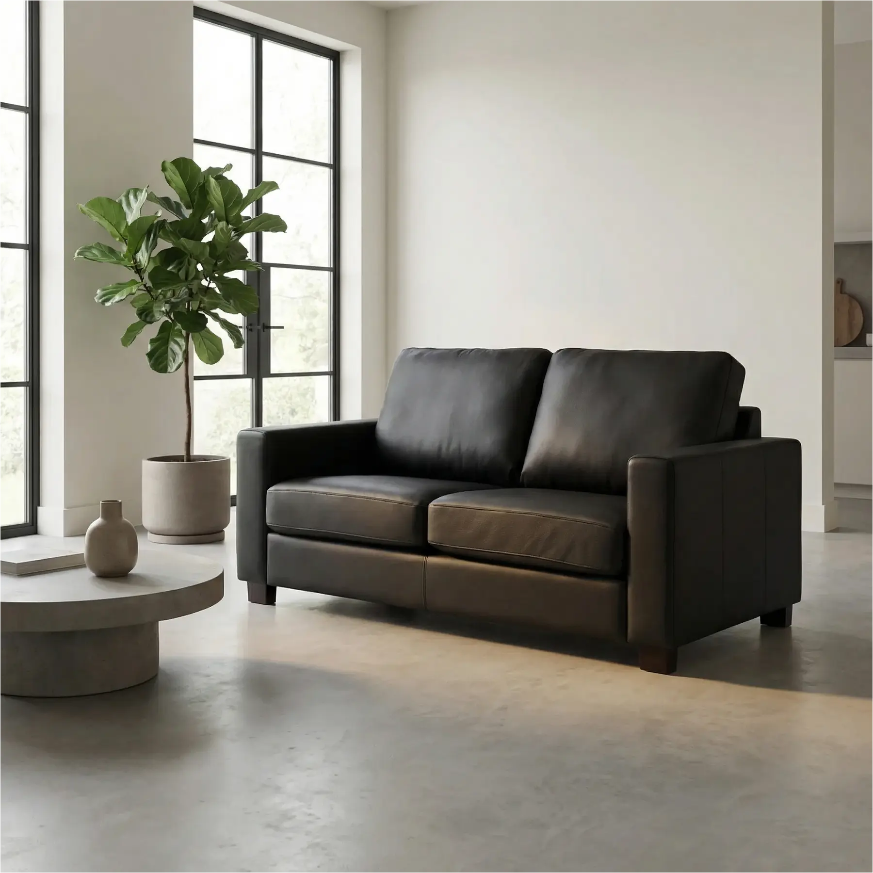 afbeelding van Leren bank Energy - 2 zits - Hermes Nero (zwart) - Poten hout bruin