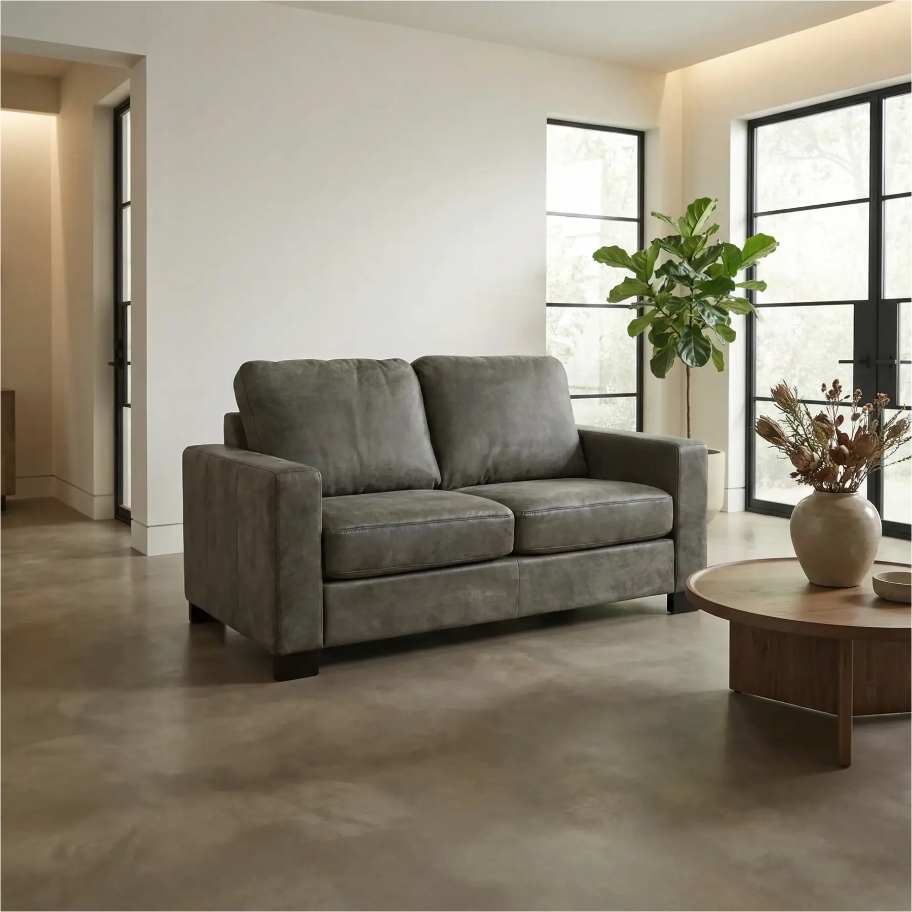 afbeelding van Leren bank Energy - 2 zits - Kenia Antracite (grijs) - Poten hout zwart