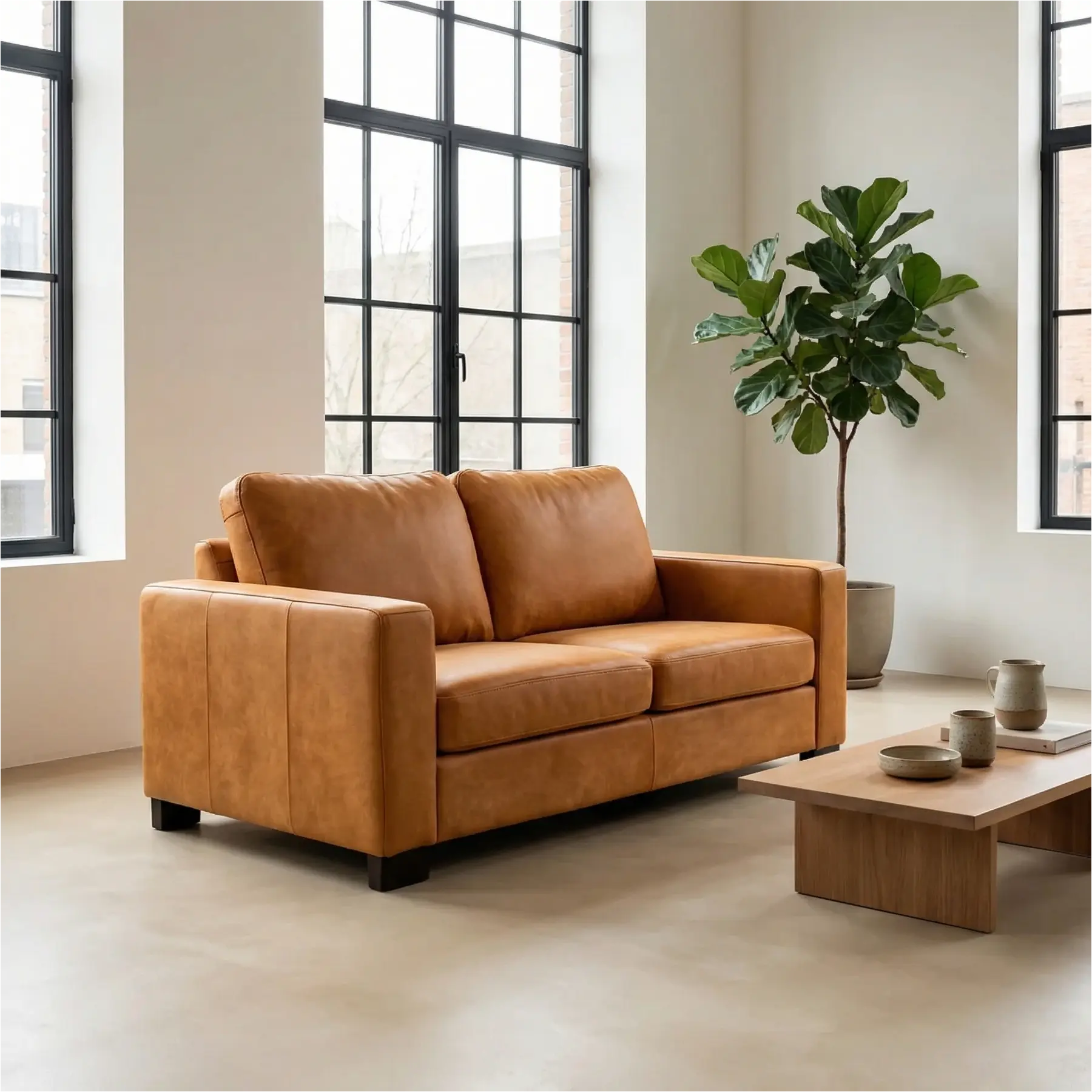 afbeelding van Leren bank Energy - 2 zits - Kenia Cognac (cognac) - Poten hout zwart