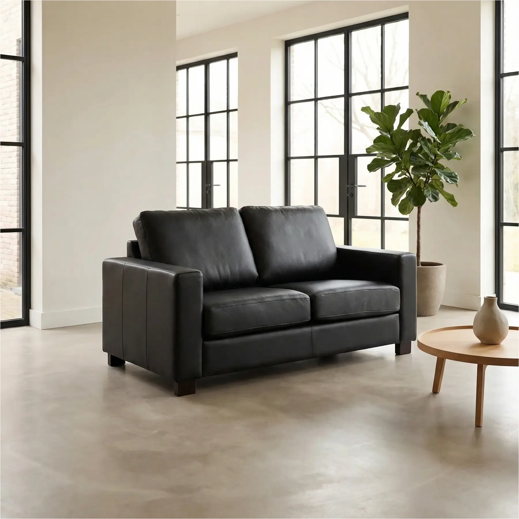 afbeelding van Leren bank Energy - 2 zits - Toledo Nero (zwart) - Poten hout bruin