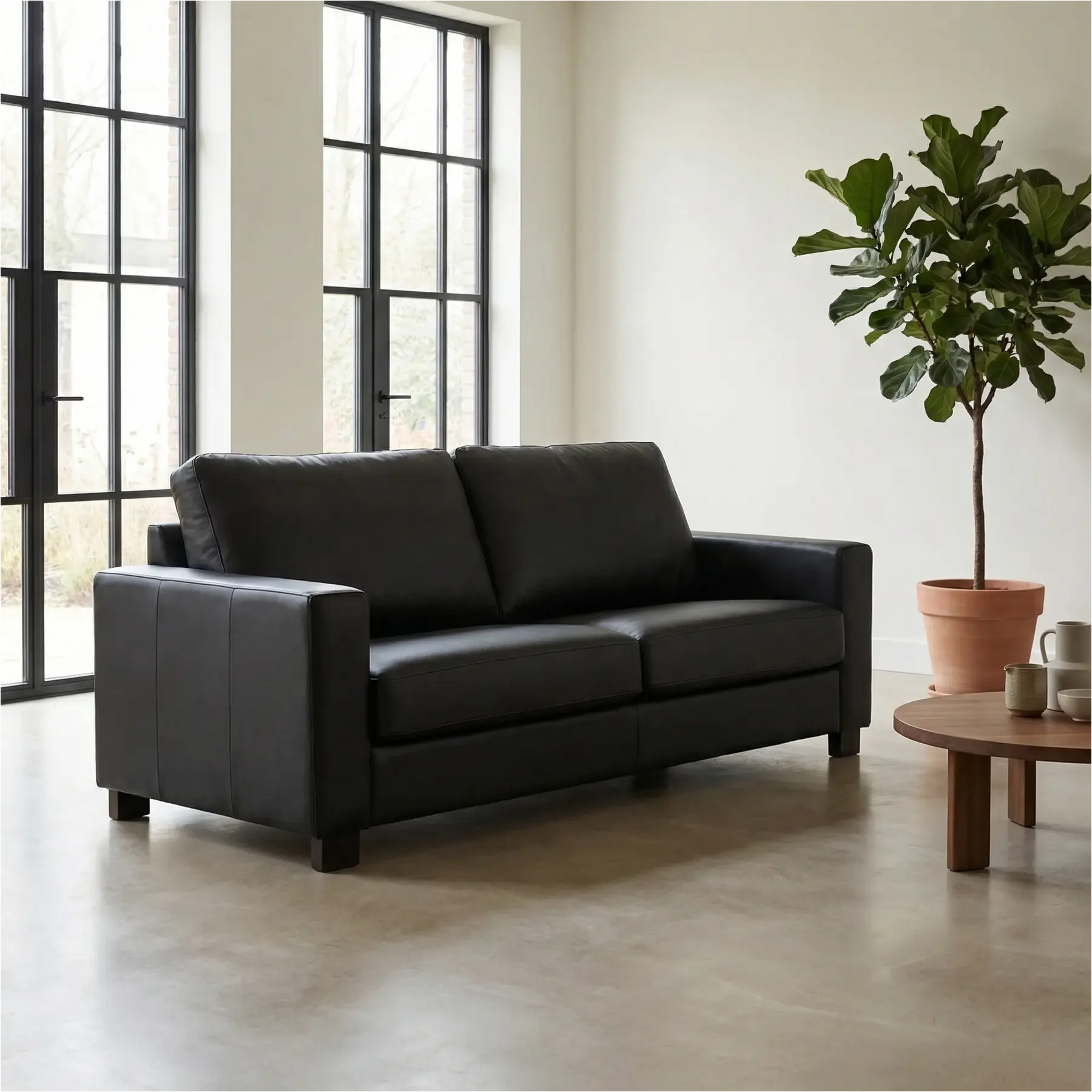 afbeelding van Leren bank Energy - 3 zits - Hermes Nero (zwart) - Poten hout bruin