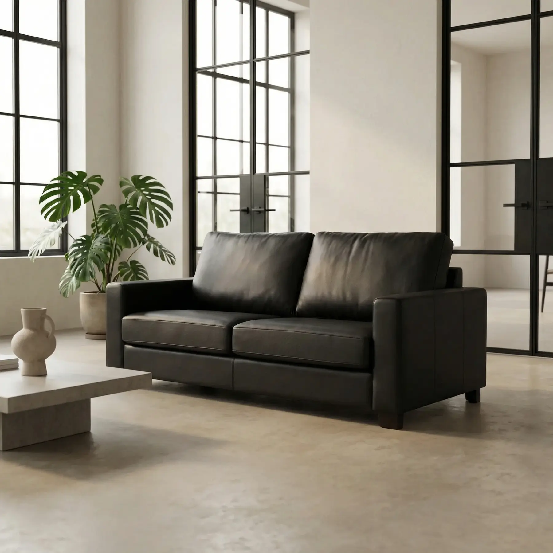 afbeelding van Leren bank Energy - 3 zits - Toledo Nero (zwart) - Poten hout zwart