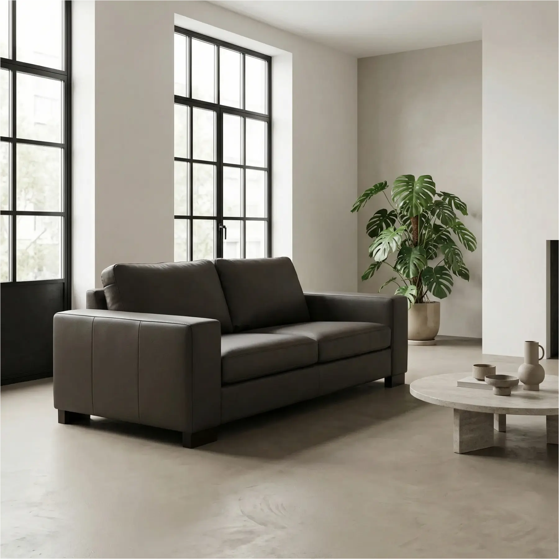 afbeelding van Leren bank Enjoy - 2,5 zits - Hermes Antracite (donkergrijs) - Poten hout zwart