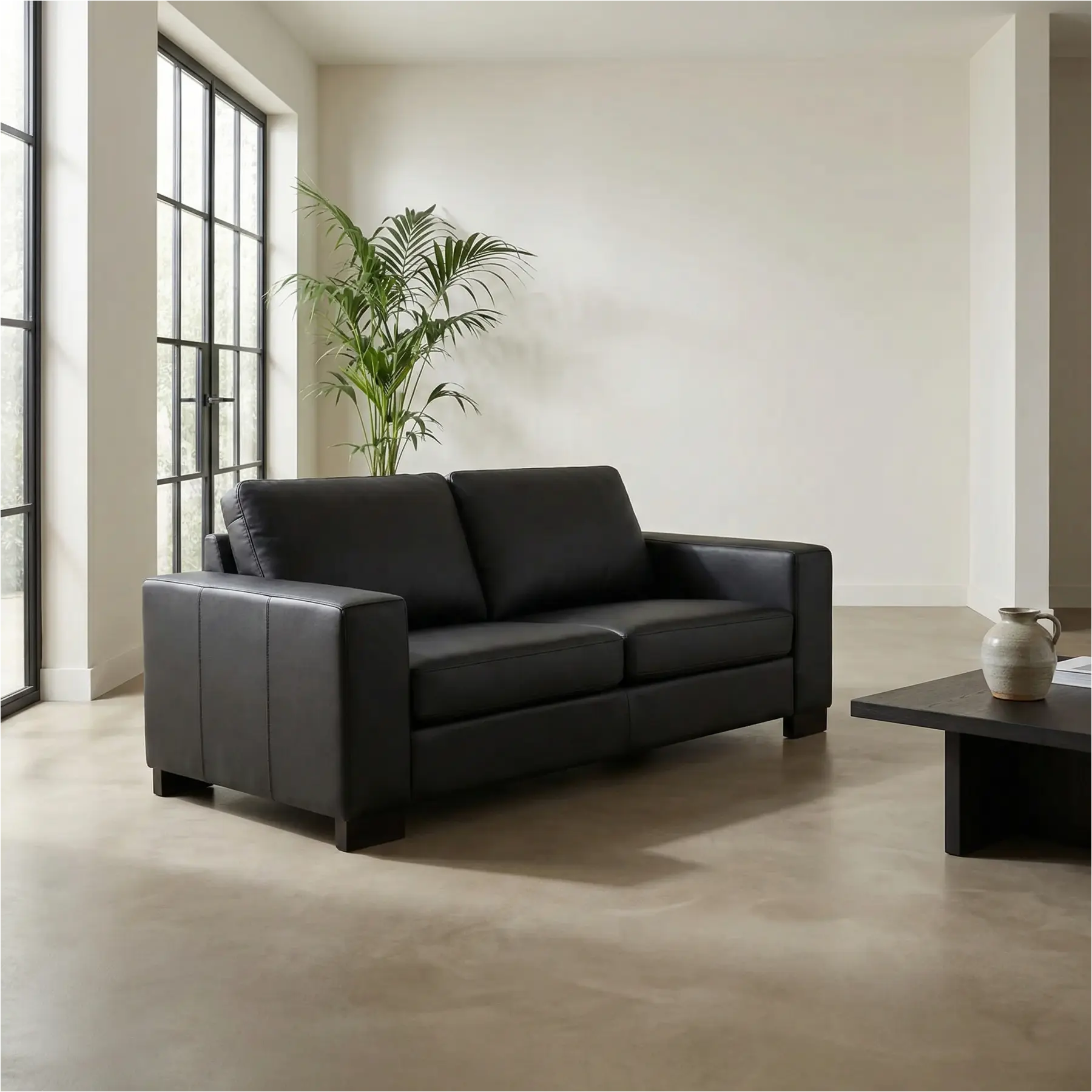 afbeelding van Leren bank Enjoy - 2,5 zits - Hermes Nero (zwart) - Poten hout zwart