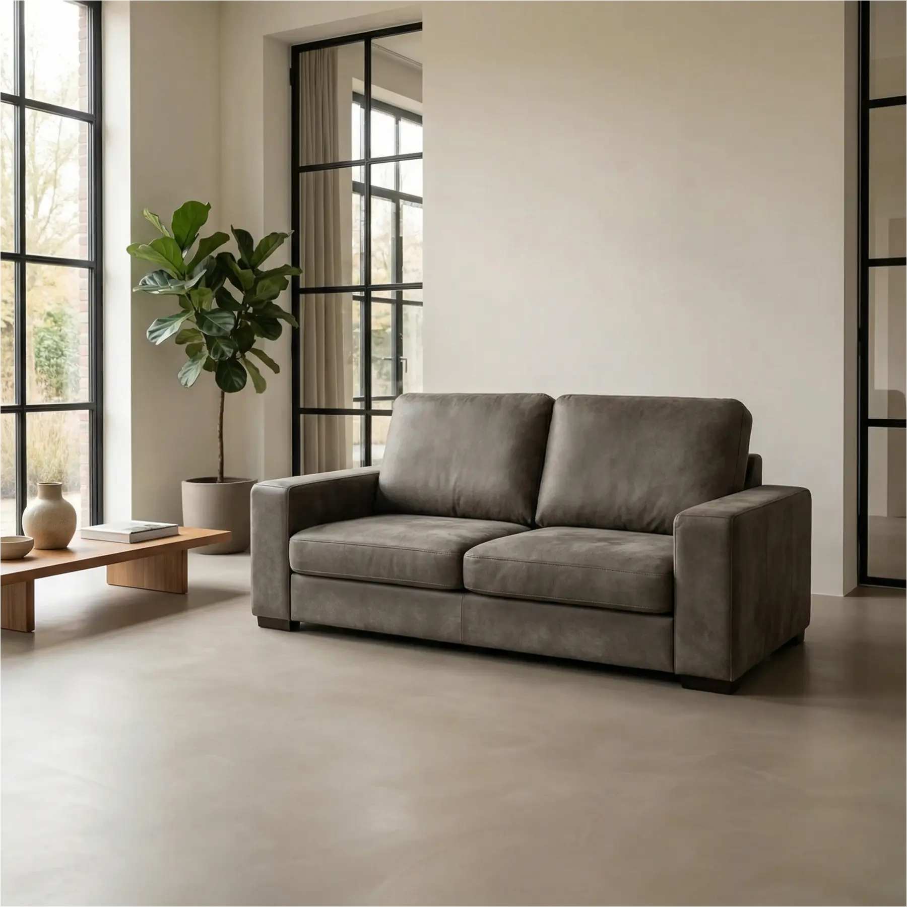 afbeelding van Leren bank Enjoy - 2,5 zits - Kenia Antracite (grijs) - Poten hout bruin