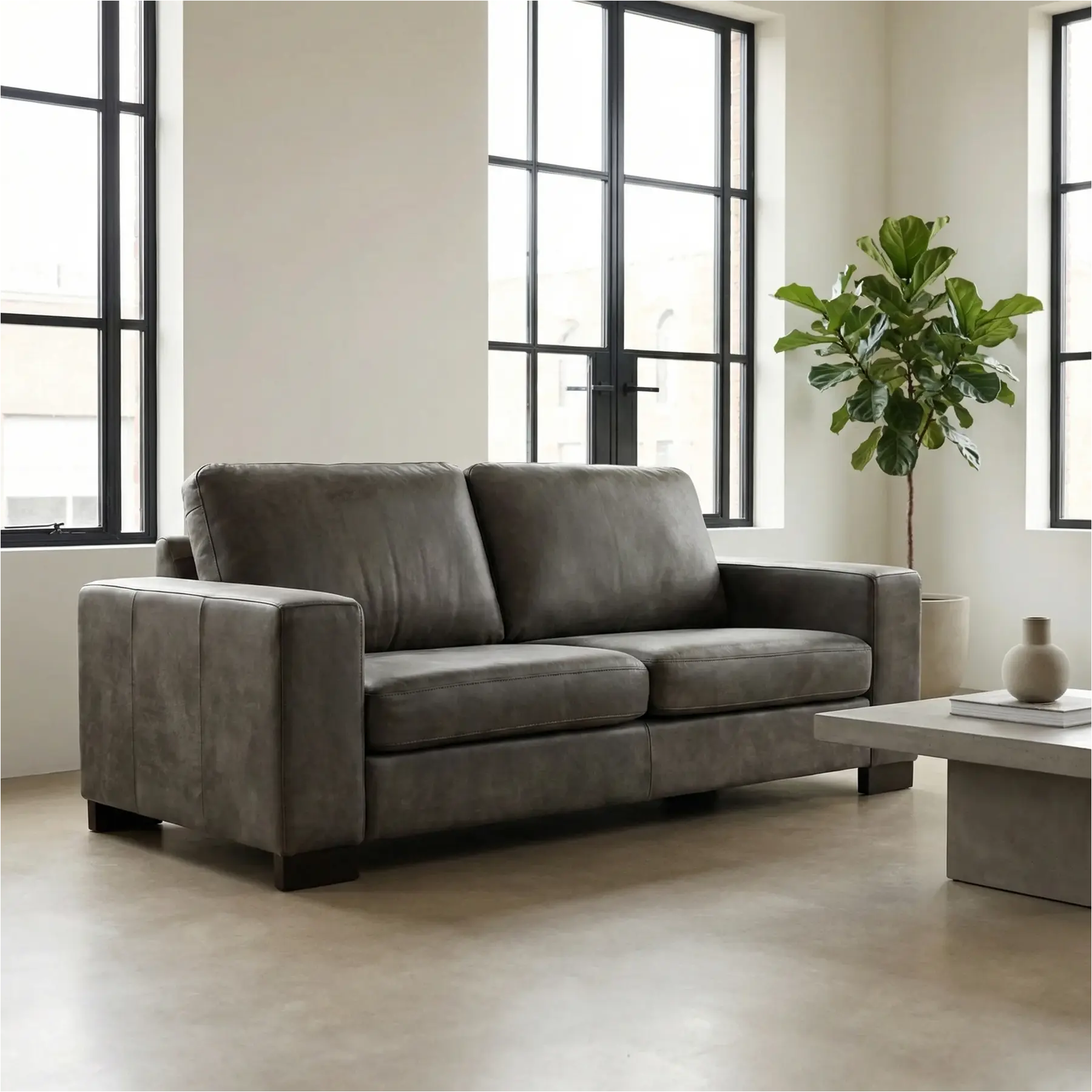 afbeelding van Leren bank Enjoy - 2,5 zits - Kenia Antracite (grijs) - Poten hout zwart