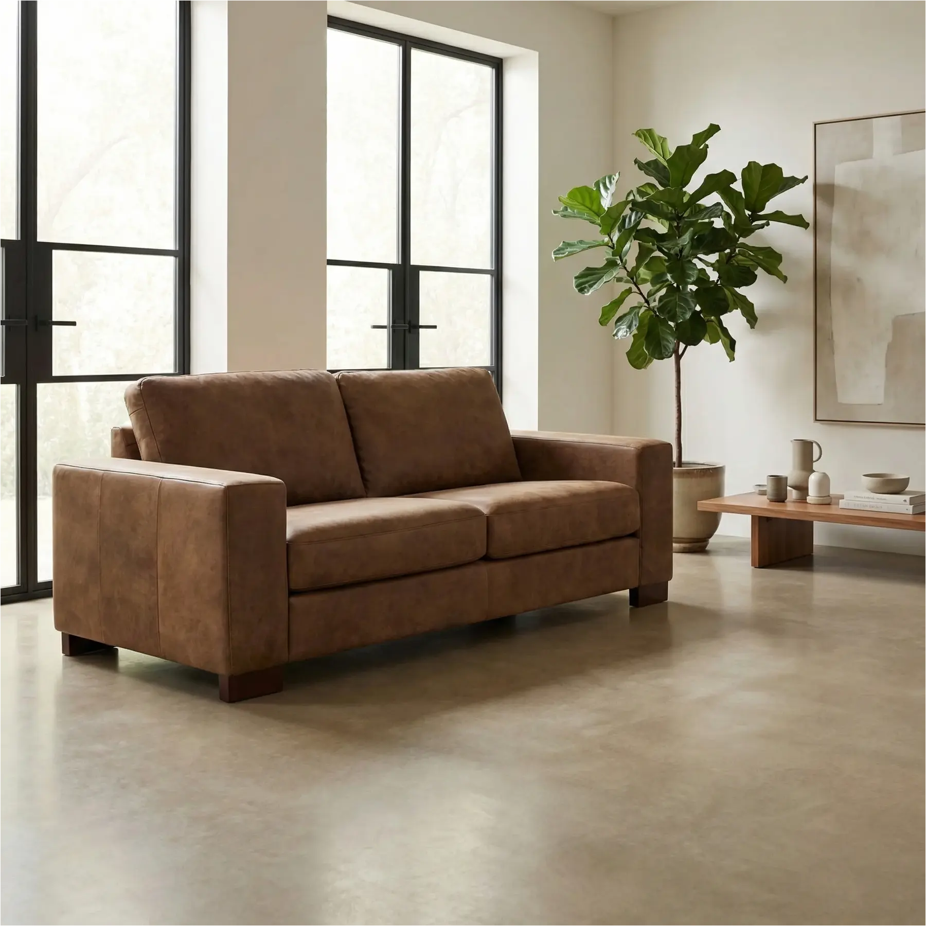 afbeelding van Leren bank Enjoy - 2,5 zits - Kenia Brown (bruin) - Poten hout zwart