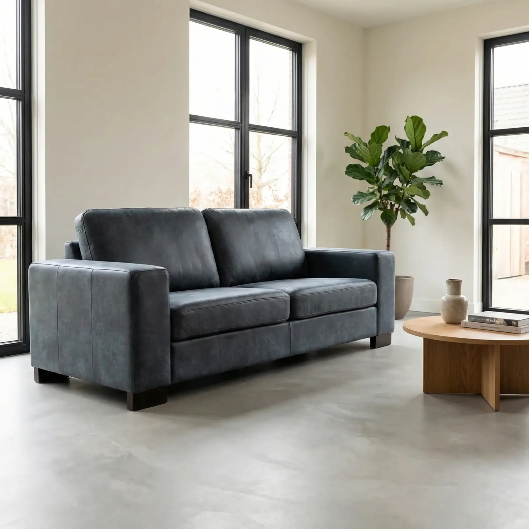 afbeelding van Leren bank Enjoy - 2,5 zits - Kenia Denim (blauw) - Poten hout bruin