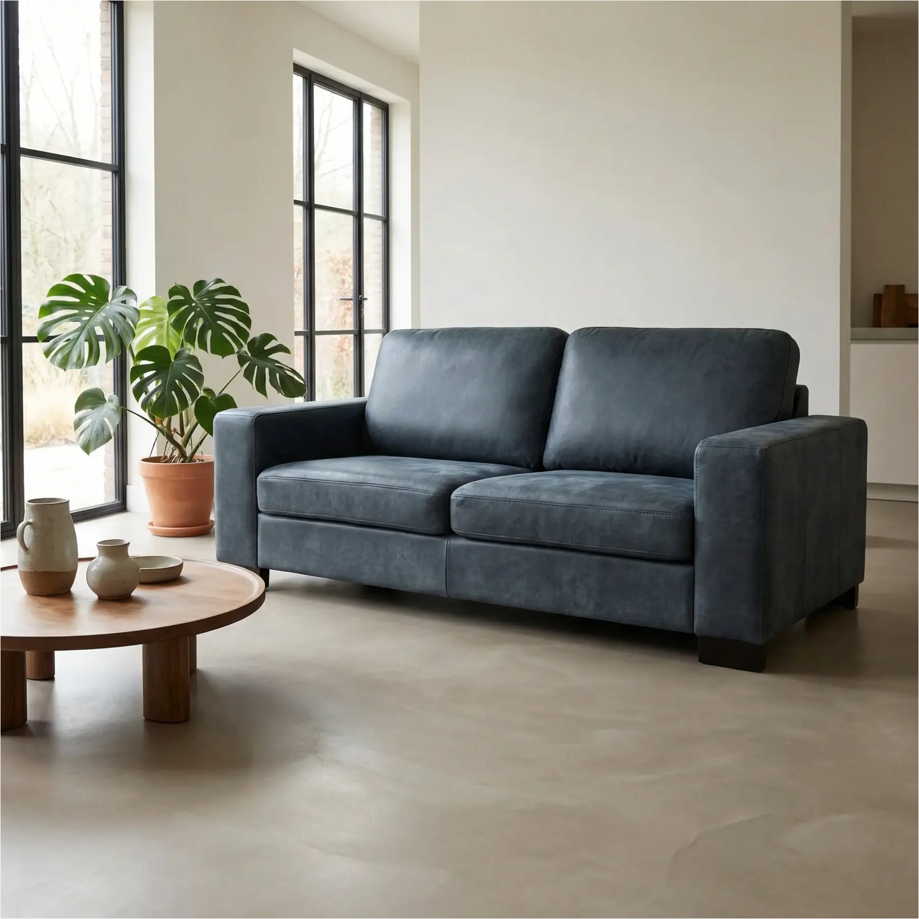 afbeelding van Leren bank Enjoy - 2,5 zits - Kenia Denim (blauw) - Poten hout zwart