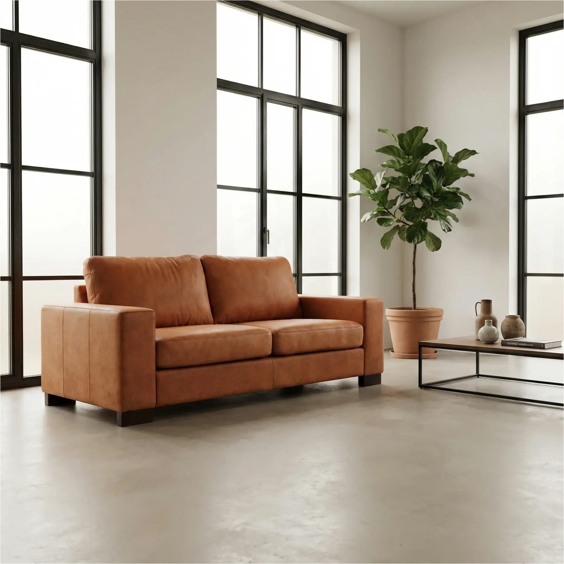 afbeelding van Leren bank Enjoy - 2,5 zits - Kenia Rost (oranje) - Poten hout zwart