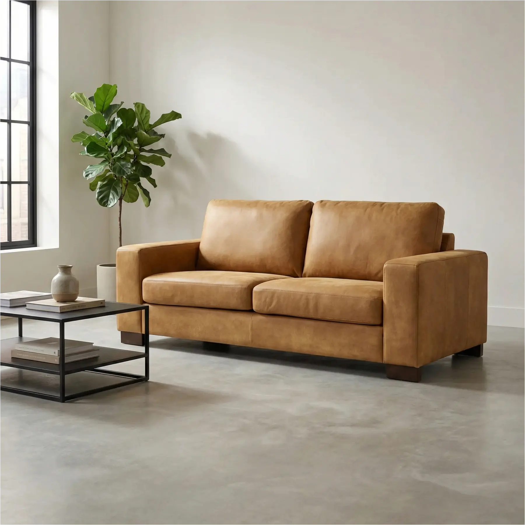 afbeelding van Leren bank Enjoy - 2,5 zits - Kenia Walnut (cognac) - Poten hout zwart