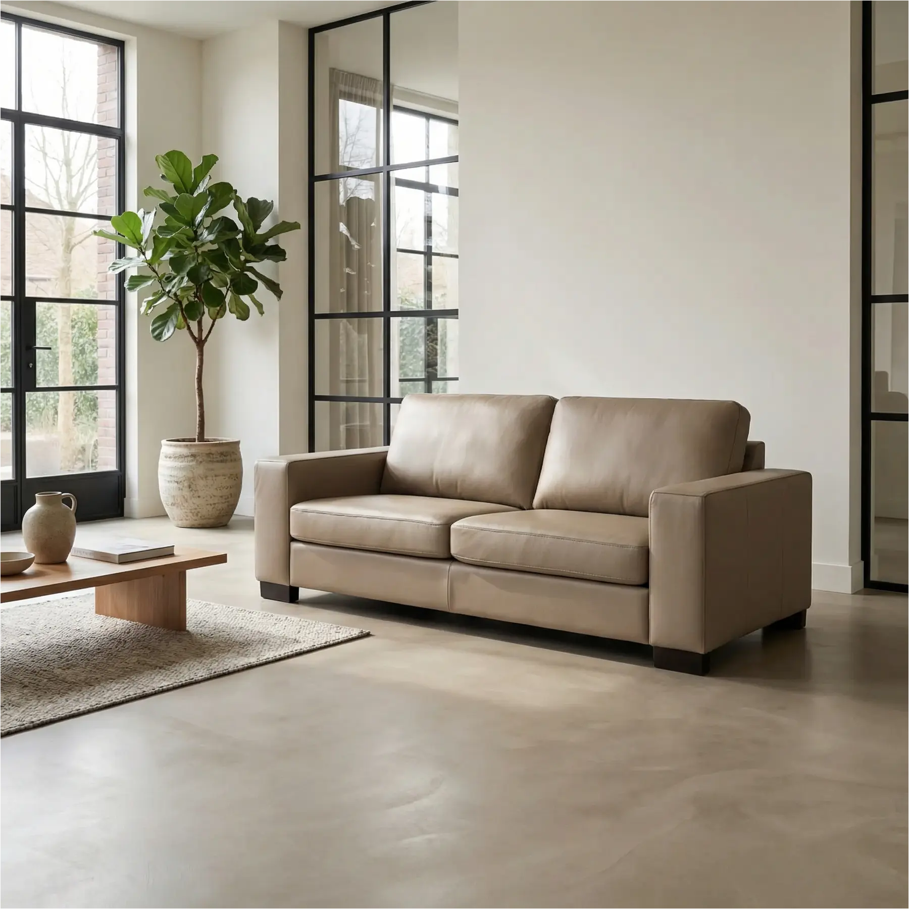 afbeelding van Leren bank Enjoy - 2,5 zits - Toledo Khaki (taupe/bruin) - Poten hout zwart