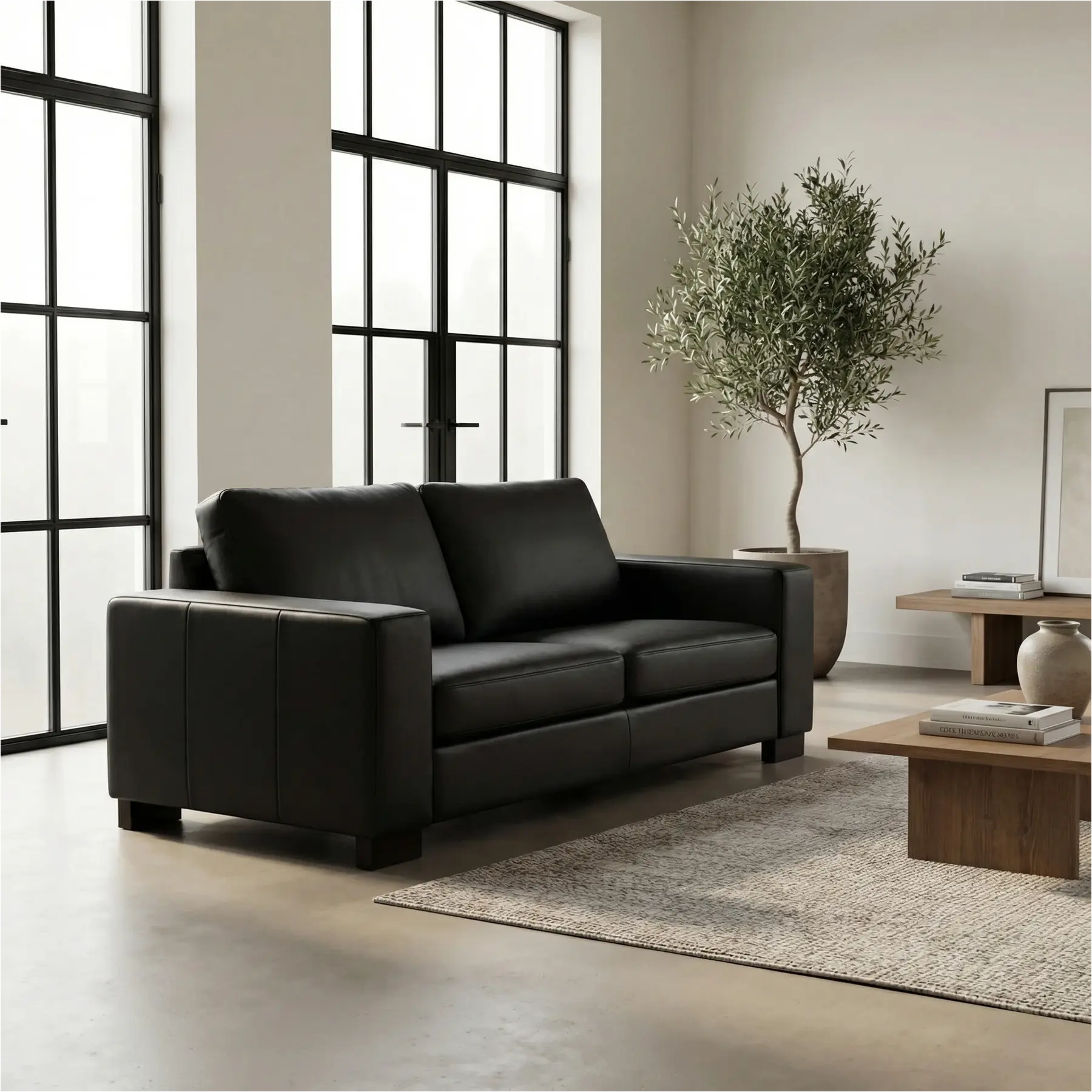 afbeelding van Leren bank Enjoy - 2,5 zits - Toledo Nero (zwart) - Poten hout zwart