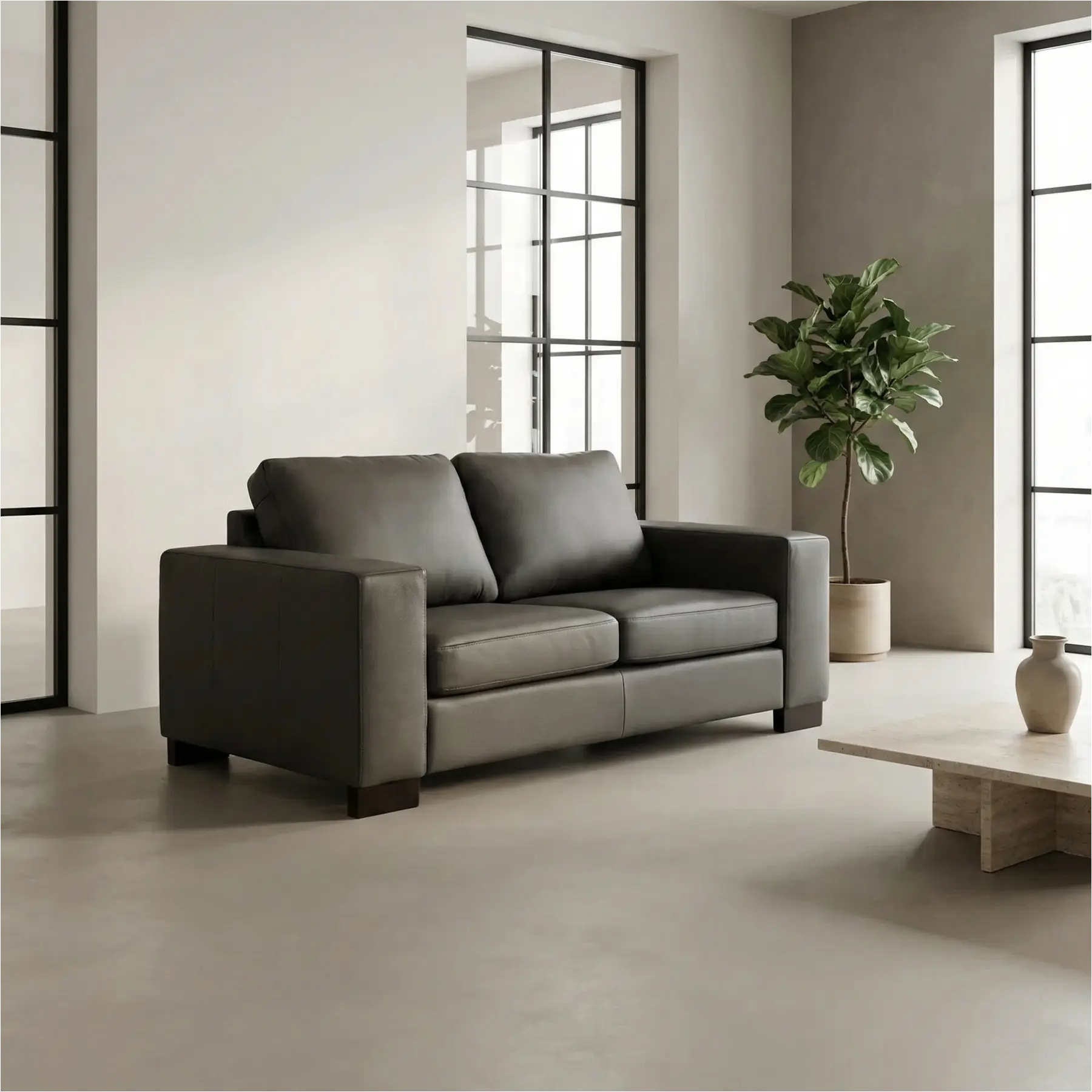 afbeelding van Leren bank Enjoy - 2 zits - Hermes Antracite (donkergrijs) - Poten hout zwart