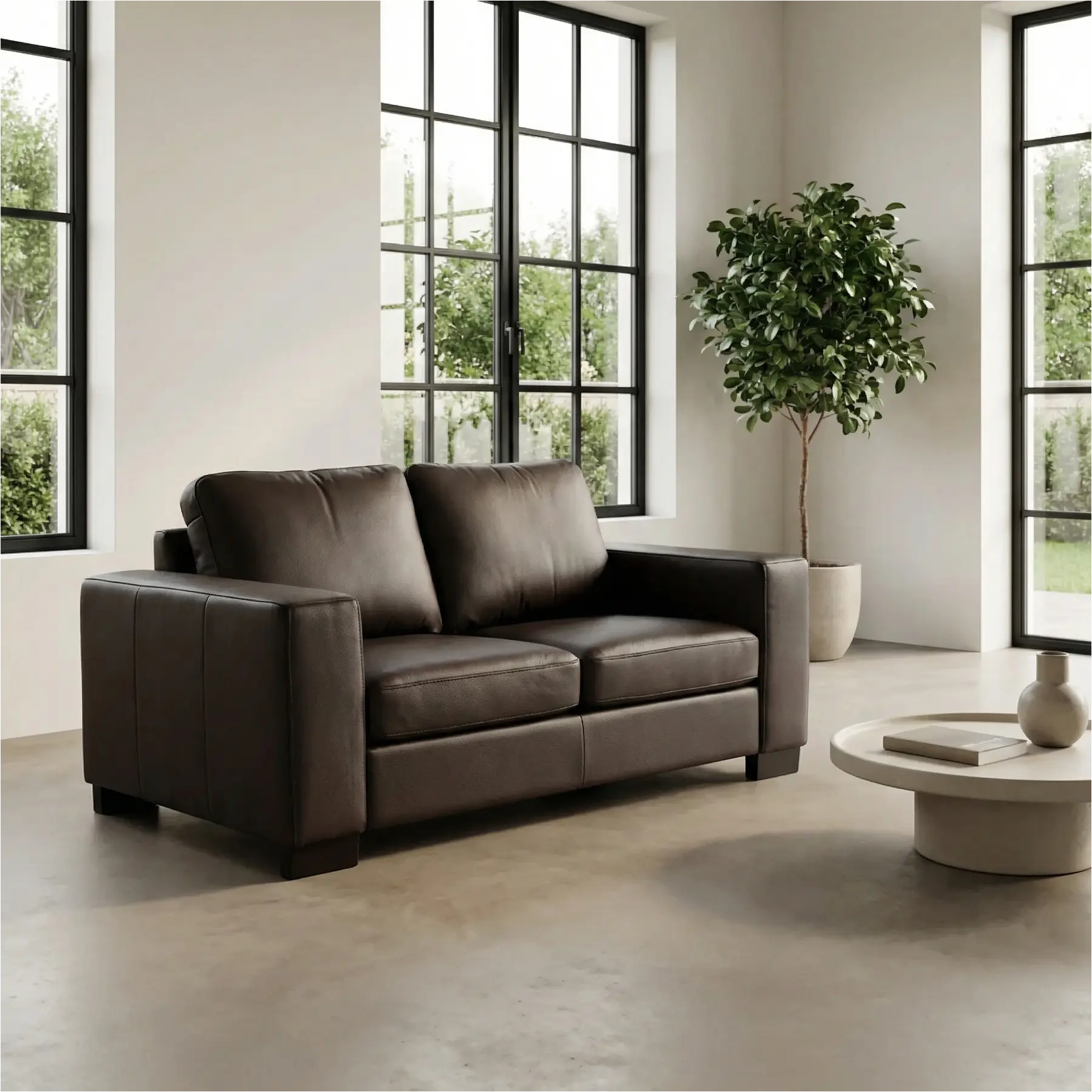 afbeelding van Leren bank Enjoy - 2 zits - Hermes Caffe (donkerbruin) - Poten hout zwart