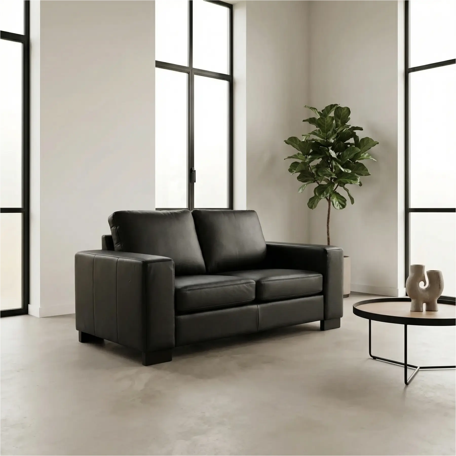 afbeelding van Leren bank Enjoy - 2 zits - Hermes Nero (zwart) - Poten hout zwart