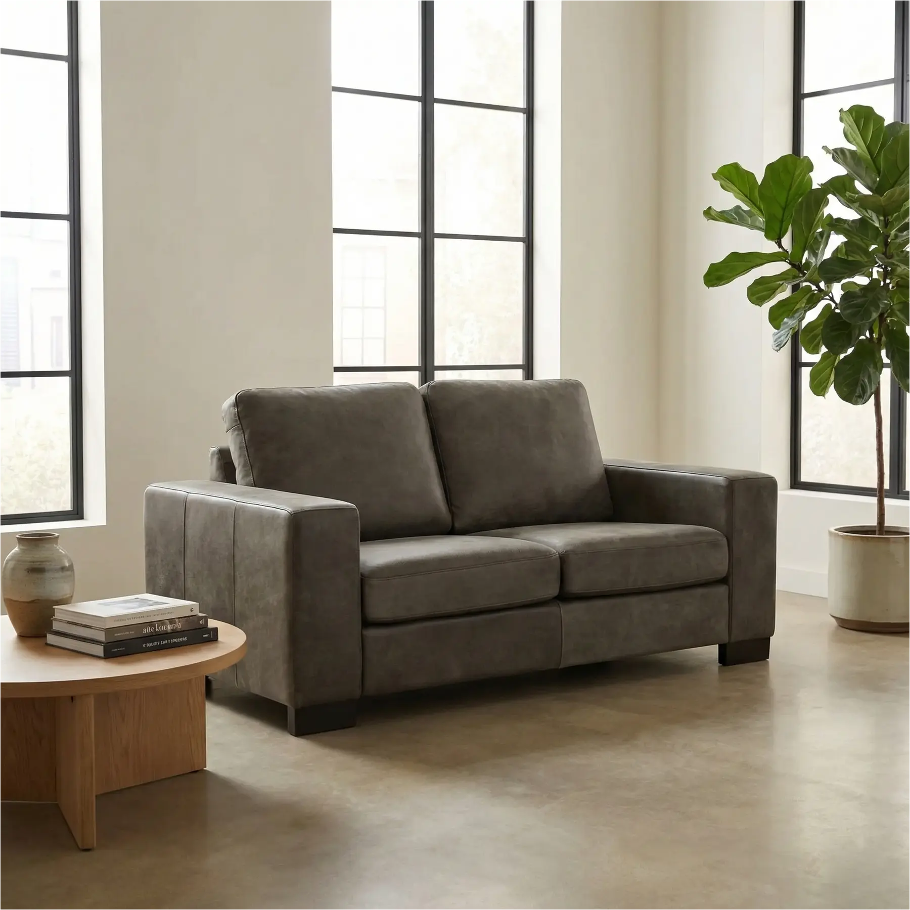 afbeelding van Leren bank Enjoy - 2 zits - Kenia Antracite (grijs) - Poten hout zwart