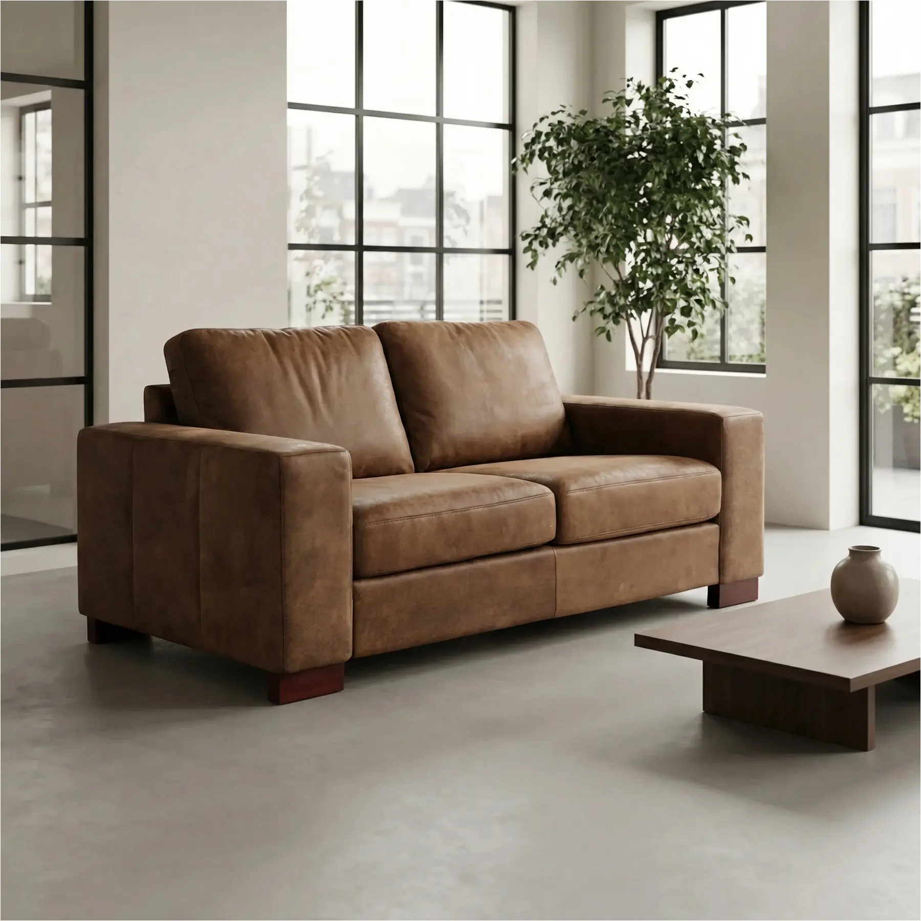 afbeelding van Leren bank Enjoy - 2 zits - Kenia Brown (bruin) - Poten hout bruin