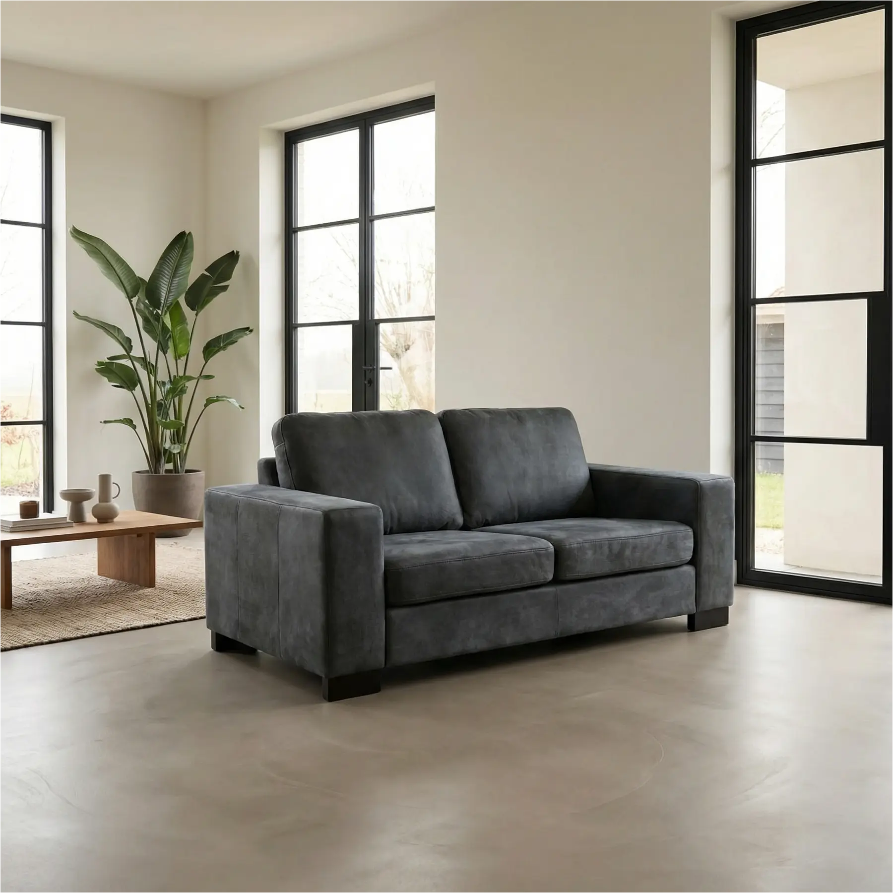 afbeelding van Leren bank Enjoy - 2 zits - Kenia Denim (blauw) - Poten hout bruin