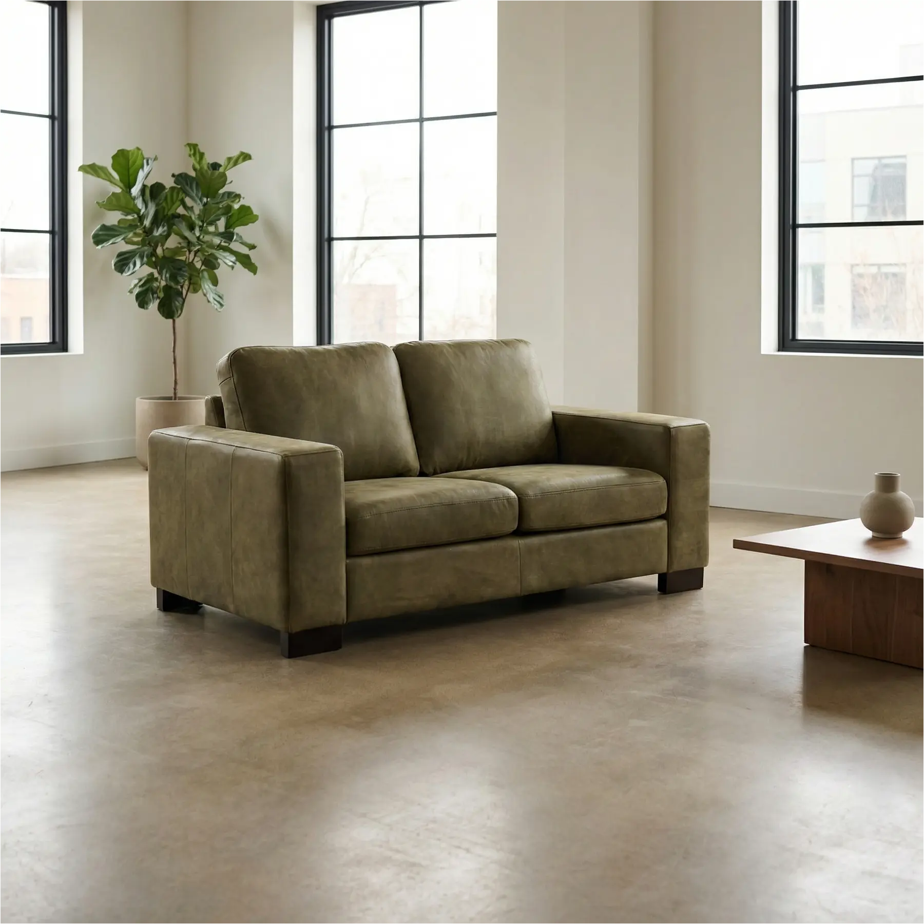 afbeelding van Leren bank Enjoy - 2 zits - Kenia Olive (olijf) - Poten hout bruin