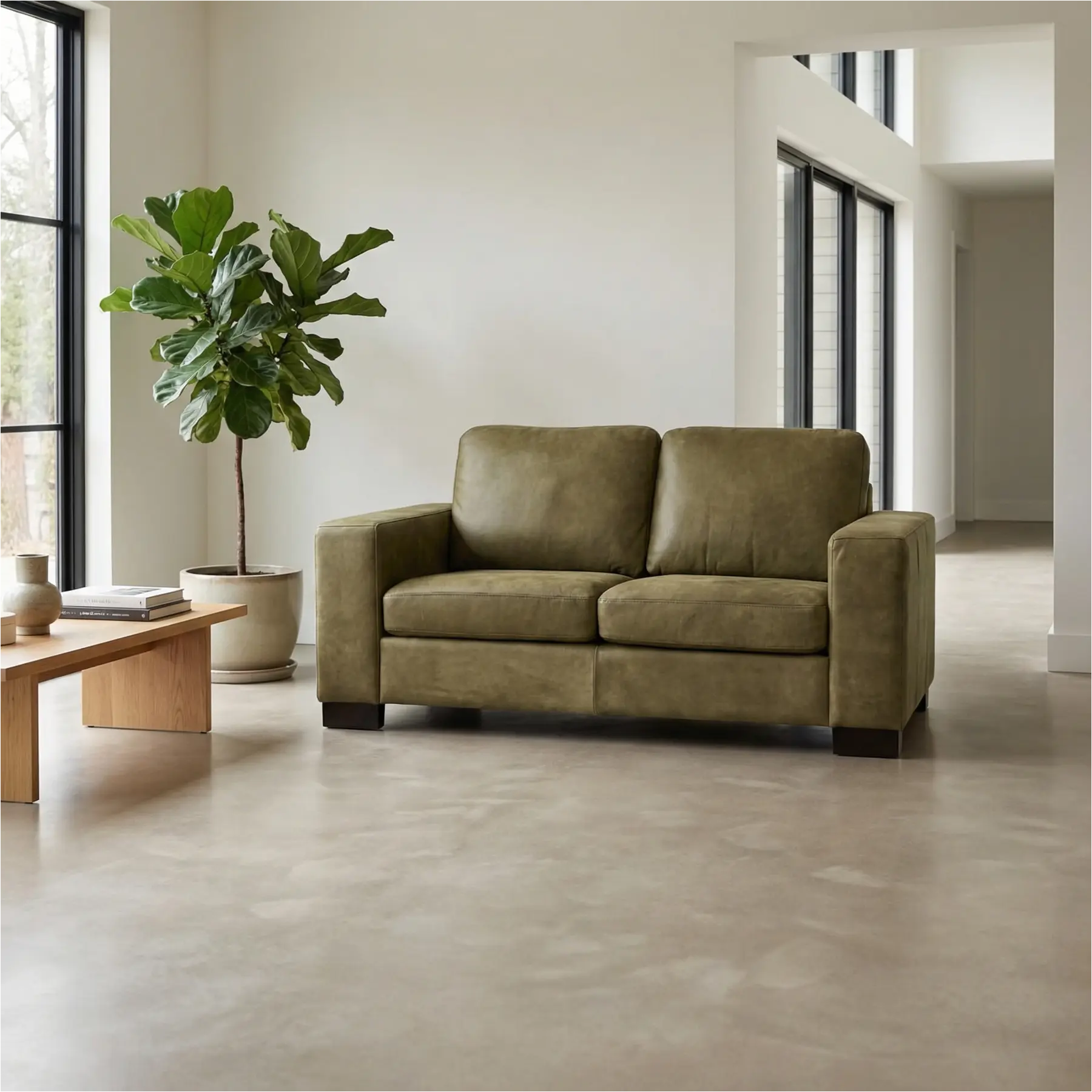 afbeelding van Leren bank Enjoy - 2 zits - Kenia Olive (olijf) - Poten hout zwart