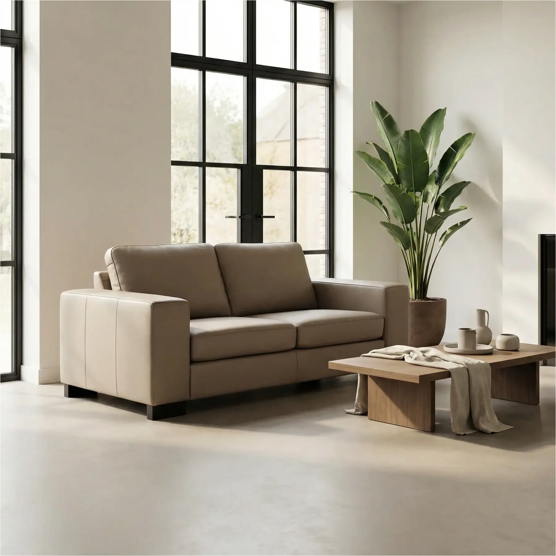 afbeelding van Leren bank Enjoy - 2 zits - Toledo Khaki (taupe/bruin) - Poten hout zwart