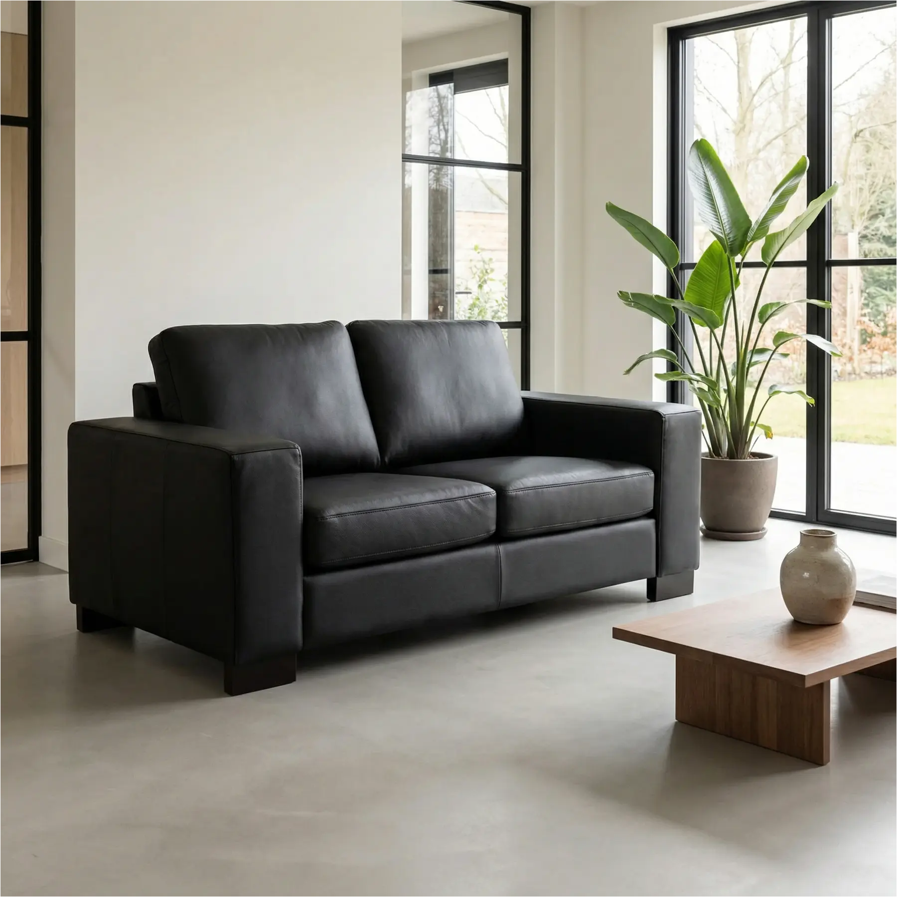 afbeelding van Leren bank Enjoy - 2 zits - Toledo Nero (zwart) - Poten hout zwart