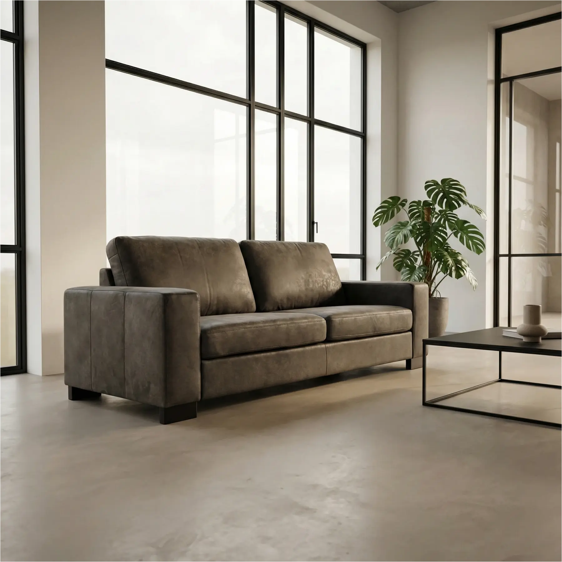 afbeelding van Leren bank Enjoy - 3 zits - Kenia Antracite (grijs) - Poten hout bruin