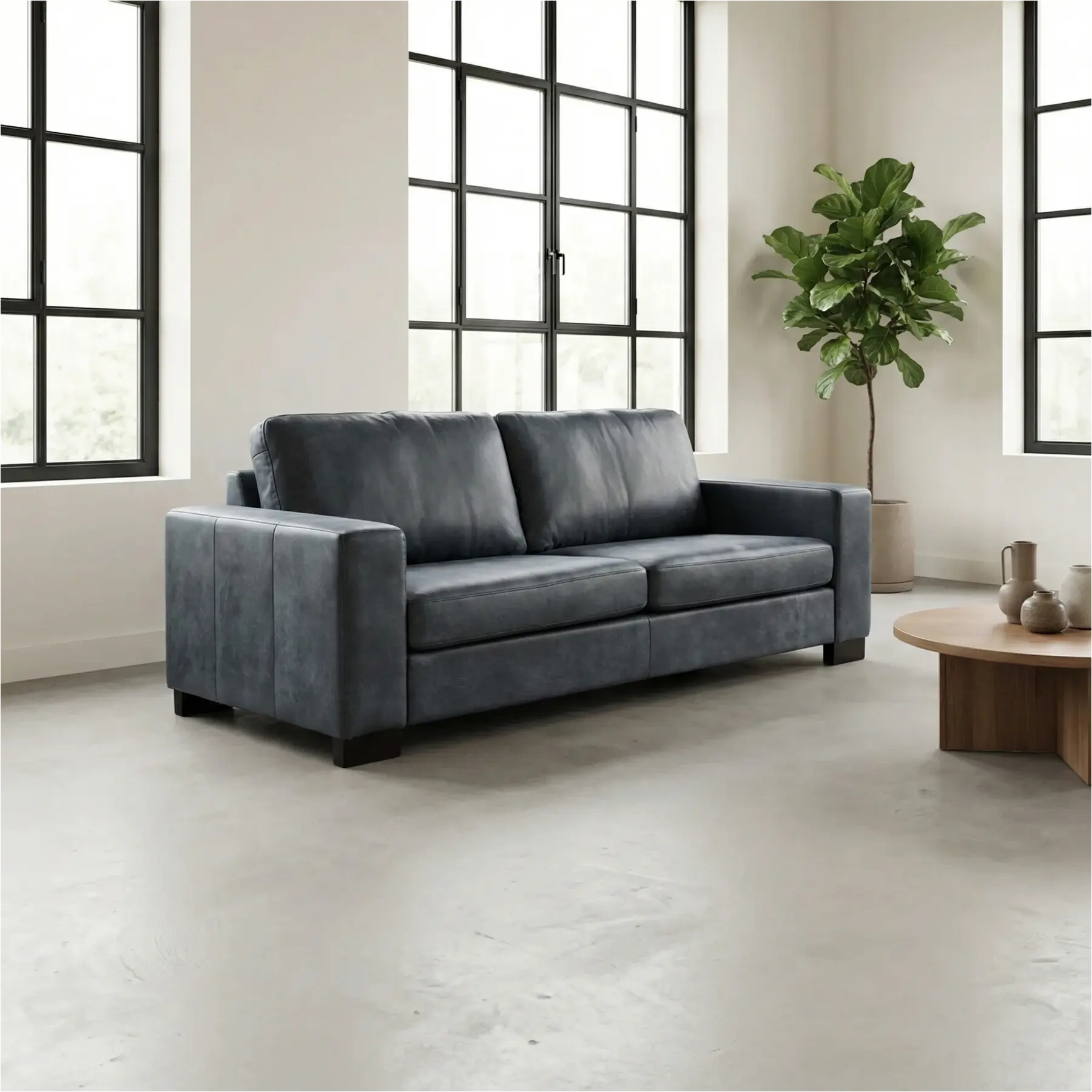 afbeelding van Leren bank Enjoy - 3 zits - Kenia Denim (blauw) - Poten hout bruin