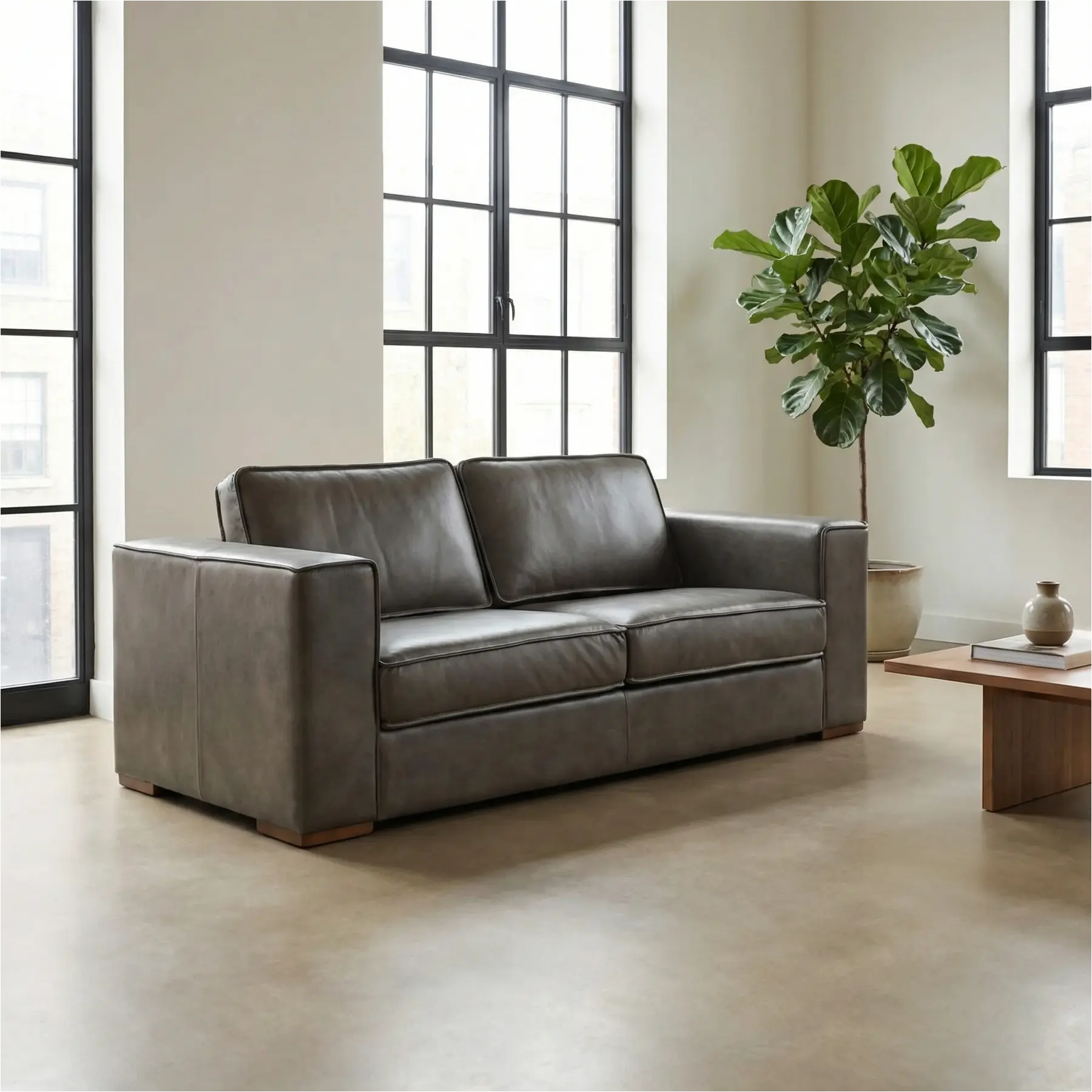 afbeelding van Leren bank Fine - 2,5 zits - Granada Ash (grijs/bruin) - Poten hout bruin