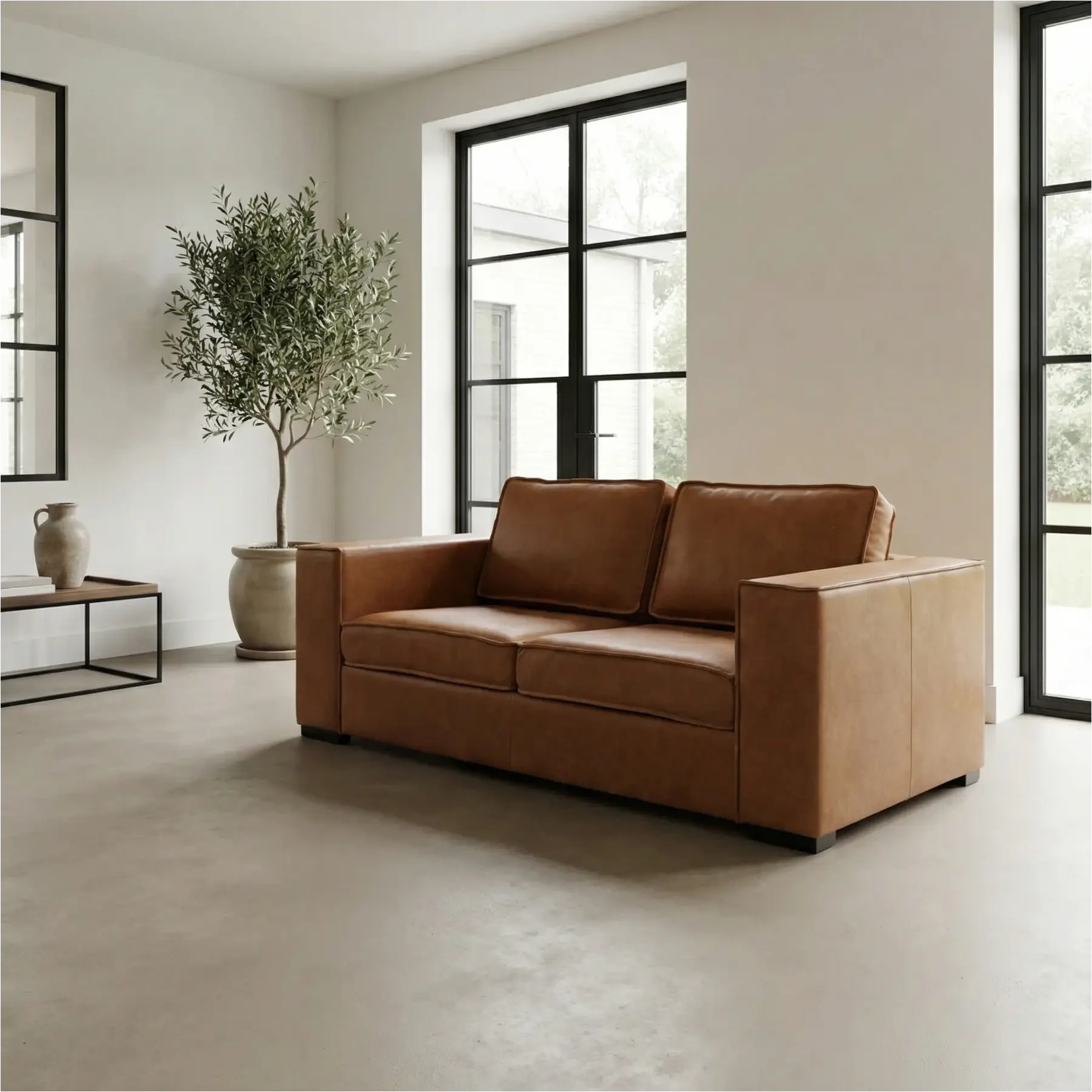 afbeelding van Leren bank Fine - 2 zits - Vintage Cognac (cognac) - Poten hout zwart