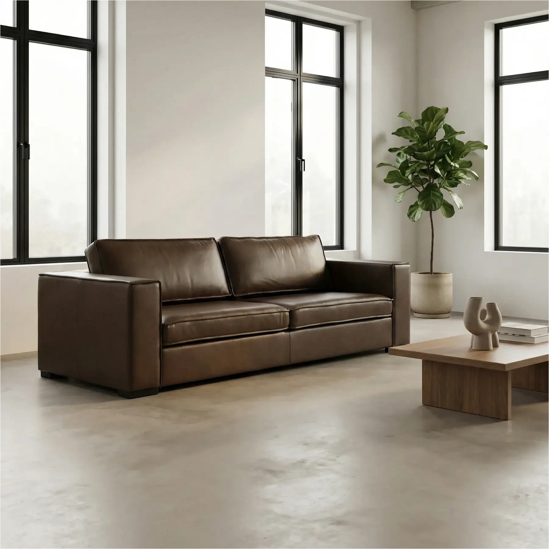 afbeelding van Leren bank Fine - 3,5 zits - Granada Chocolate (bruin) - Poten hout zwart