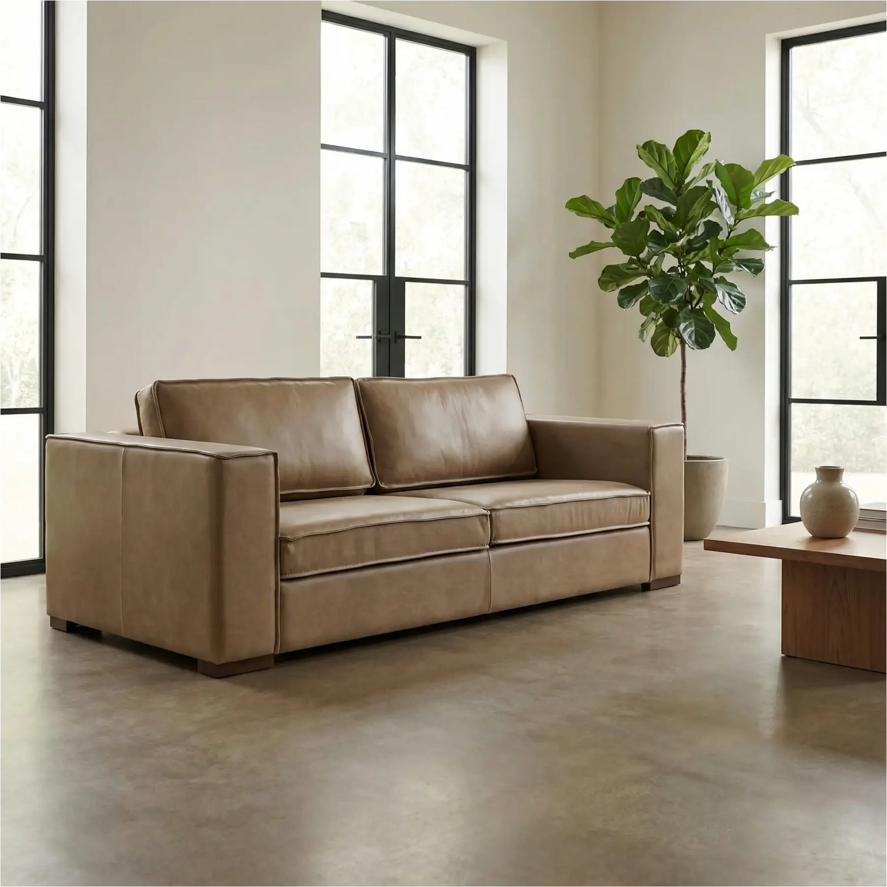 afbeelding van Leren bank Fine - 3 zits - Vintage Taupe (taupe/bruin) - Poten hout bruin